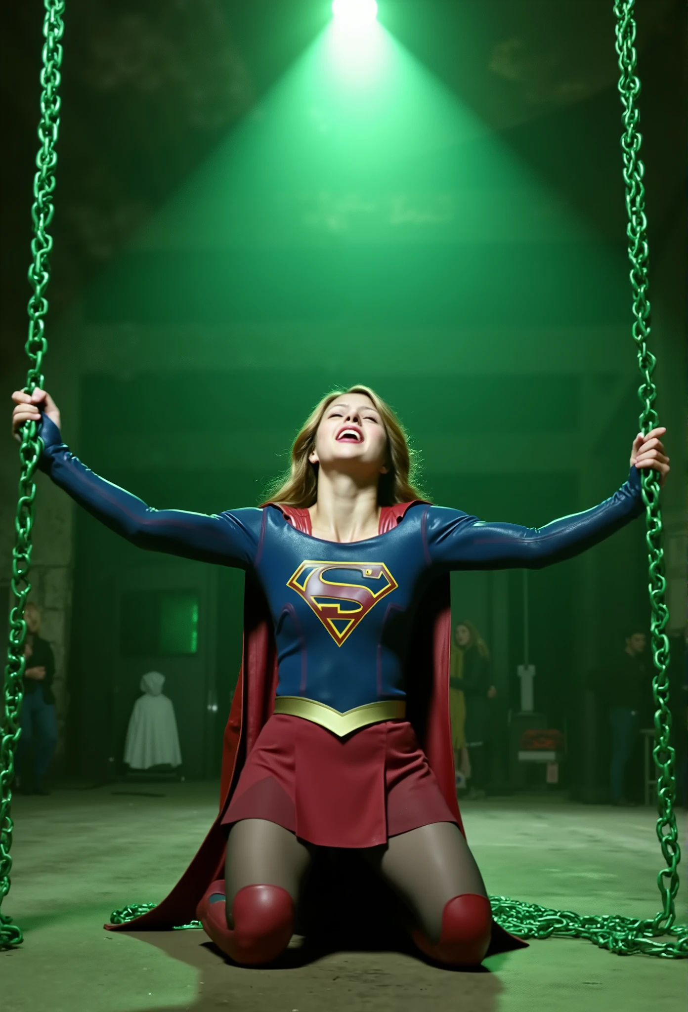 Melissa Benoist as Supergirl, the Supergirl is kneeling and her hands is hanging over her head with chain, she is hanging her wrists to the ceiling with a green lighting chain, a lot of chain tighten her arms, spread out her arms, she is unconscious, eyes close, She is wearing a Supergirl costume with red skirt, pantyhose and red knee height boots, she is screaming in pain, bright spotlight focus to her body, in the cave,