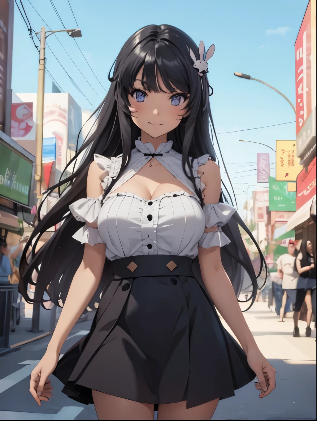 Masterpiece, best quality, highres, highly detailed, 1 girl, long hair, waist-length black hair that has bangs hanging on the left side with a bunny-shaped barrette in the back, blue-purplish eyes, large breast, sleevess one piece, revealing cleavage, black mini skirt, outdoor, city background, facing to camera, smile to camera, full body shoot