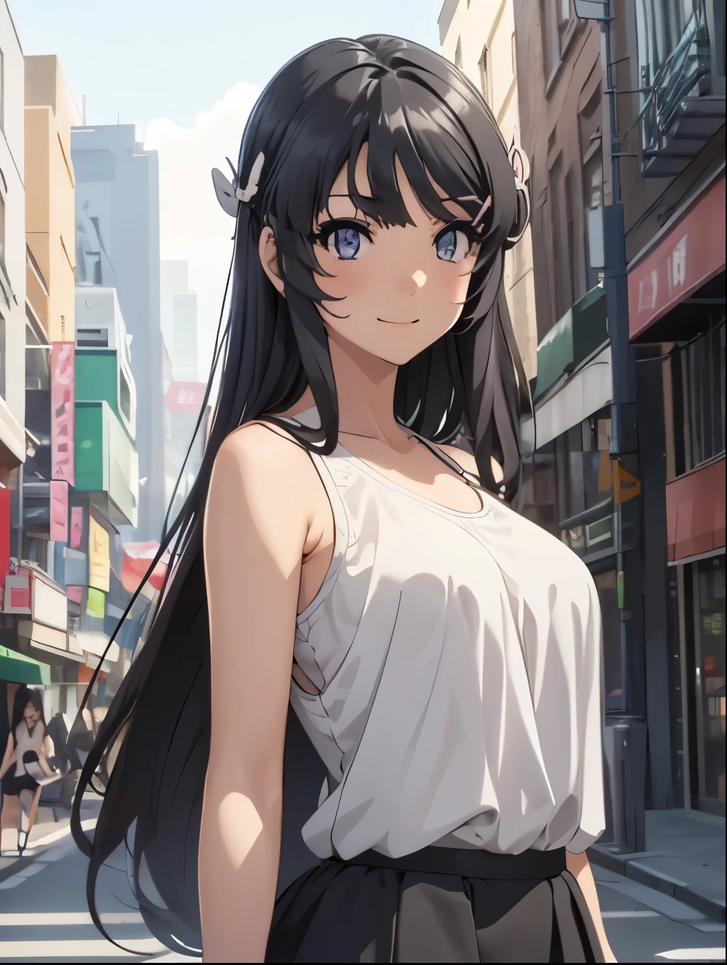 Masterpiece, best quality, highres, highly detailed, 1 girl, long hair, waist-length black hair that has bangs hanging on the left side with a bunny-shaped barrette in the back, blue-purplish eyes, large breast, white tight tanktop, black mini skirt, outdoor, city background, smile to camera, full body shoot