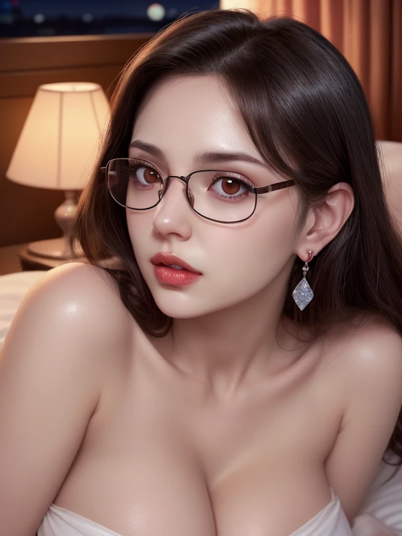 high definition symmetrical image, (goddess of breasts, (((round face, glasses))), eyes realistic sizing, (drooping eyes), small breasts, see-through lacy bra, (unzipped hoodie), nipples, ((closeup breasts)), blond, (joy smiling), (sunset, big sky, cloud, buildings), (angle from breasts below),