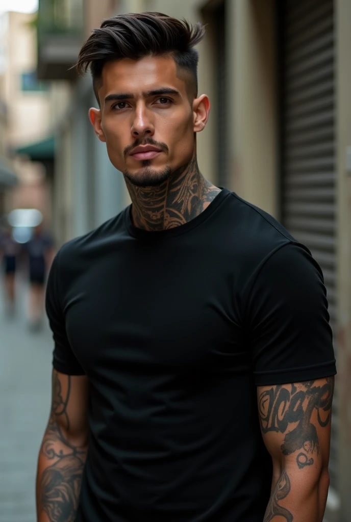 Full body drawing. tall dark, tattoo on the left side of the face, wearing a black cap with white details, black clothes turtleneck t-shirt, smoking, in the center of São Paulo leaning against (antique style)