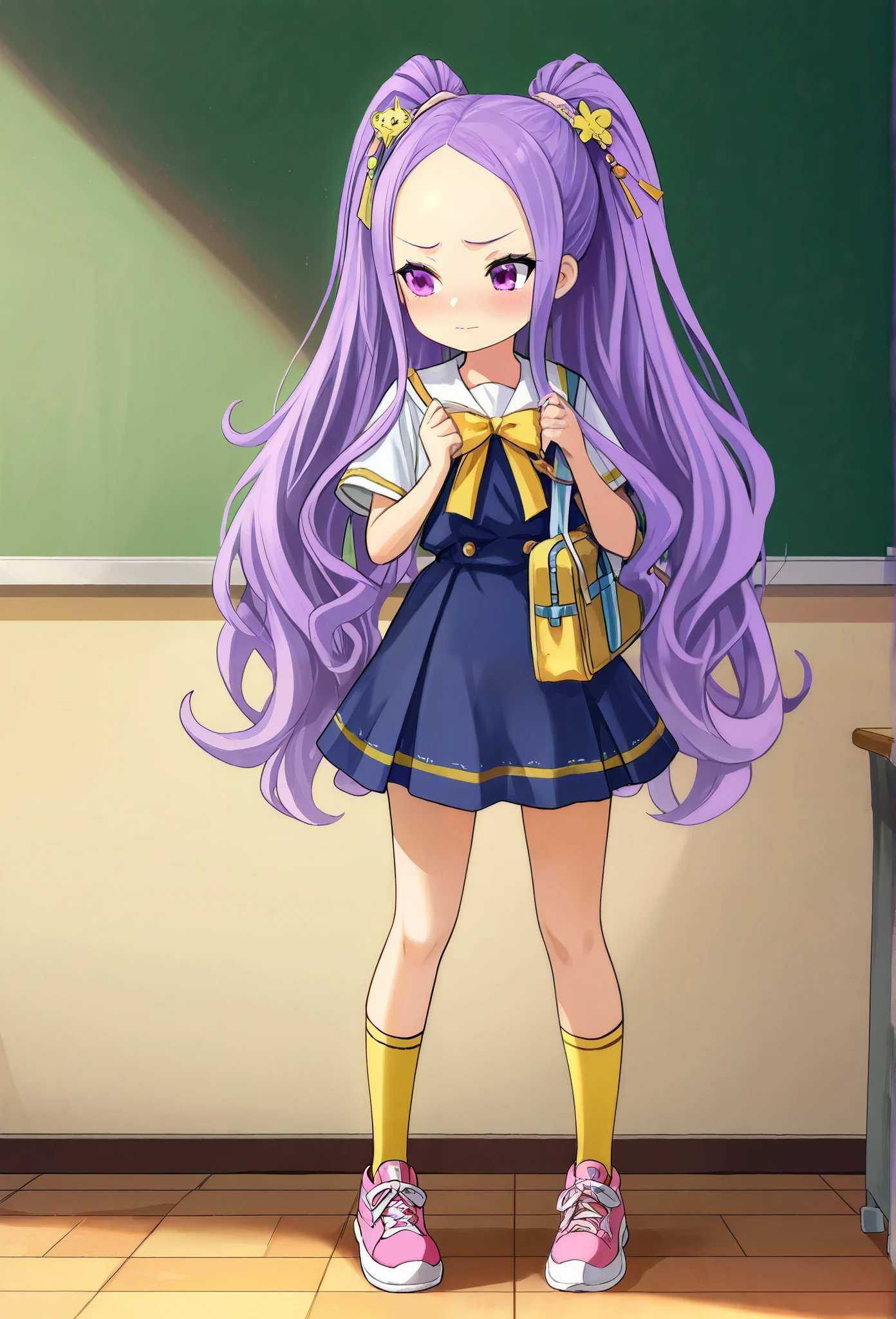1 Girl, long hair, purple hair, purple eyes, double ponytail, Forehead, elementary school uniform with half sleeves and a skirt , Bow hairpin, pink sneakers , yellow and green long cartoon socks, carrying a small school bag , classroom, highest quality, is very beautiful, Absurd , high resolution, latest, shy