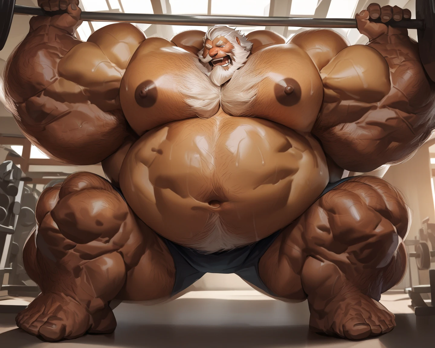 muscular barbarian king, front view , tall and burly, very hairy chest, old muscleman warrior, almost naked, wearing a latex thong, big bulging thong, wearing revealing leather armor, intricate armour, very hairy body, handsome face, smiling with teeth showing, gray hair, gray beard, black mustache, majestic look, wearing heavy leather boots, crotch in focus, lying back on a luxurious bed, legs open, (thick chest hair!), lifting one leg up, lying back, long gray hair, majestic look. Jewelry, wearing a crown, long(!) hair, wearing leather chaps, full figure portrait, furry blanket, leather armband, leather belt,
