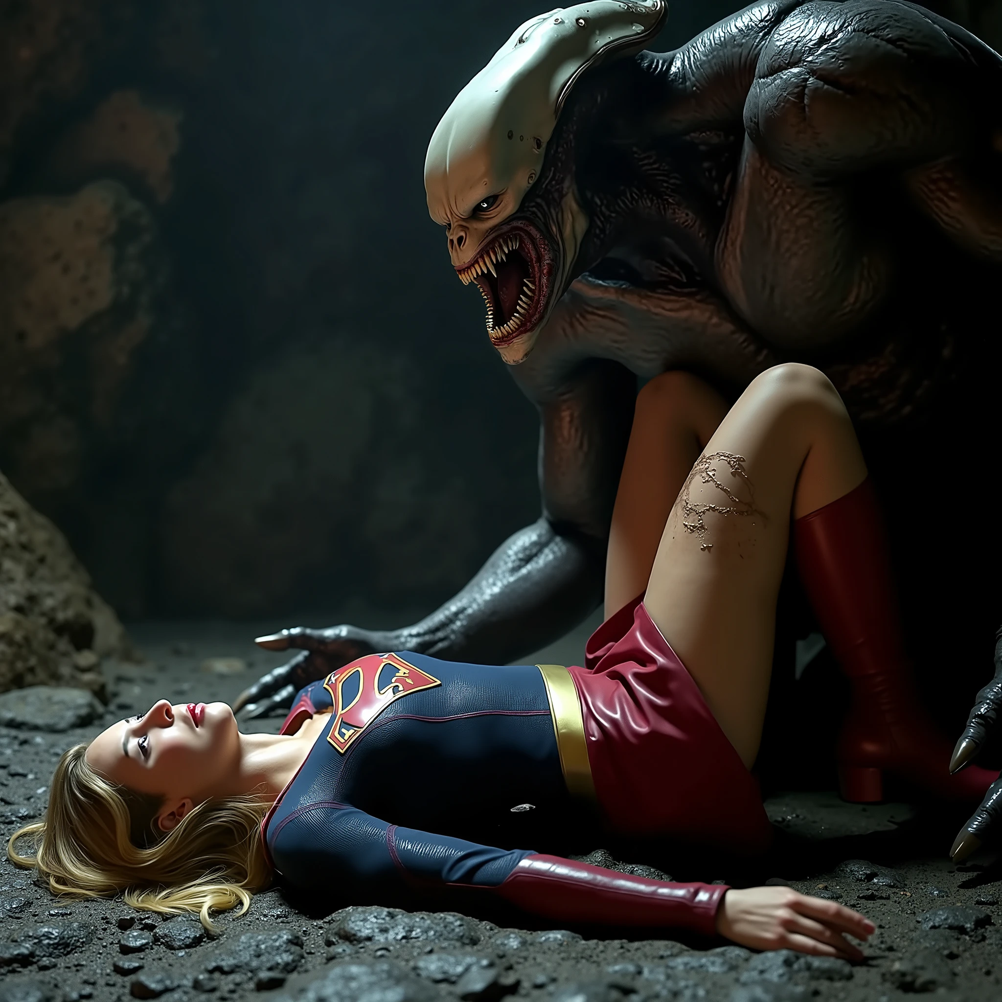 Supergirl is fighting with a huge alien monster, very bright white skin, can see whole body, She is wearing a thin black pantyhose, short red skirt, red knee height long boots, blonde hair, She is unconscious, seriously injured, painful, a huge body fierce Alien Monster assault attach between Supergirl legs, photorealistic, hyperrealism, night time, underground cave,