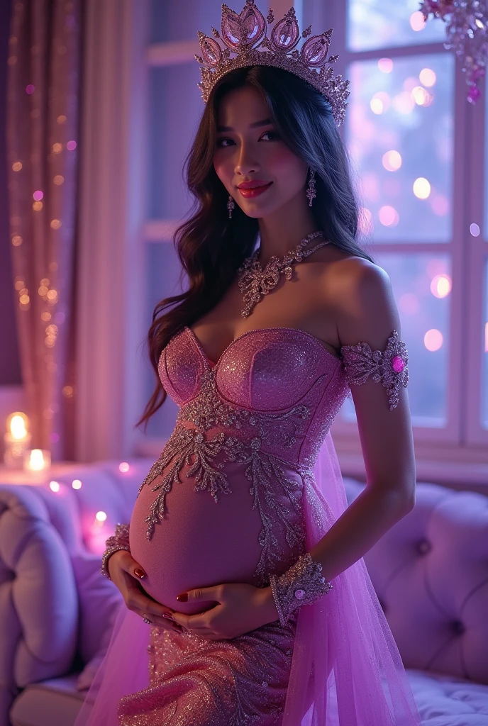 ((Highest quality、Flying debris、8k、Best image quality、Extremely intricate and detailed))、(The most gorgeous high-end prostitute princess:1.1)、(The most gorgeous prostitute princess' finest outfit:1.1)、The most vibrant and luxurious prostitute costumes、(An unimaginably luxurious goddess' room:1.1)、(Sparkly purple and pink princess room:1.1)、The most luxurious purple and pink room、Purple and pink gemstones、A glittering room decorated with many jewels、Night room、Very intricate decoration、A very transparent goddess' room、Perfect Makeup、Long eyelashes、lipstick、Pink Eyeshadow、Perfect Anatomy、Ultra-high definition glossy skin、Ultra-high definition glossy lips、Ultra HD Hair、Ultra high definition beauty face、Ultra-high definition sparkling eyes、Long Hair、(A beautiful, captivating smile staring at me:1.1)、pregnancy