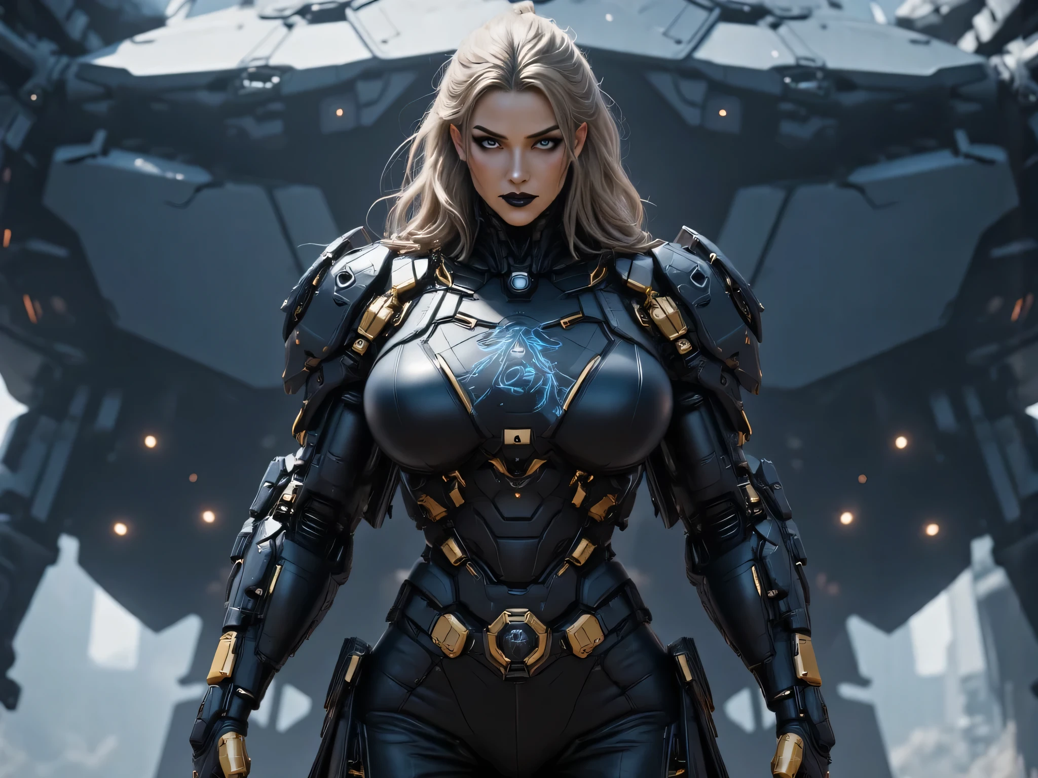((best quality)), (Masterpeace, high quality, high resolution, realistic photo, photography, detailed, no tattoos on face), 1 japanese women space heavy steel dark warrior fighter gangster , age from 30 to 36 years old, Xo Gisele, 8k_wallpaper, extremely detailed eyes, (large masterpiece digital art), (intricate details:1.3 ), (ultra-detailed:1.3), (sharp focus:1.3), (natural lighting:1.05), (vivid colors:1.3), (best quality:1.4), HDR, studio lightings, expressive eyes, full body shot, detailed face, beautiful face, perfect face, impudent rude predatory and vulgar look with a predatory fanged smile, smiles predatorily with passion in the eyes, ((voluminous thick sandy blonde hair)), (korean light predatory makeup), {{wet light bronze skin}}, ({wet light bronze skinned female}), (big breasts), huge chest, (pelvis widens:2.4), big ass, dense white coat, closed chest and stomach with thick steel heavy and bulky nano symbiotic armor mecha armor, dressed in a wide and long black and white strict space military uniform with a high collar, on her shoulders are blue wide shoulder straps framed by golden hanging short chains, on her right chest is an emblem in the form of a blue predatory dragon's mouth, black leather pants, golden cyber gloves, she is standing in a wide space cyberpunk Sci-fi of the landing assault starship carrier in the style of a dark blue rhinoceros beetle, post-apocalypse, ultra-realism, hyperrealism, cinematic, dark fantasy, chinese style,