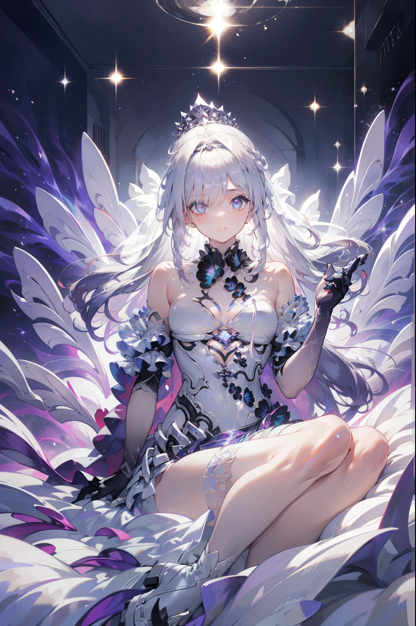 Silver Hair, Butterfly,White hair, white wedding dress, 8k wallpaper, detailed background , maximum resolution ,Deep V, hair covering one eye , strapless wedding dress ,Chis,White Rose,Tight, full body photo