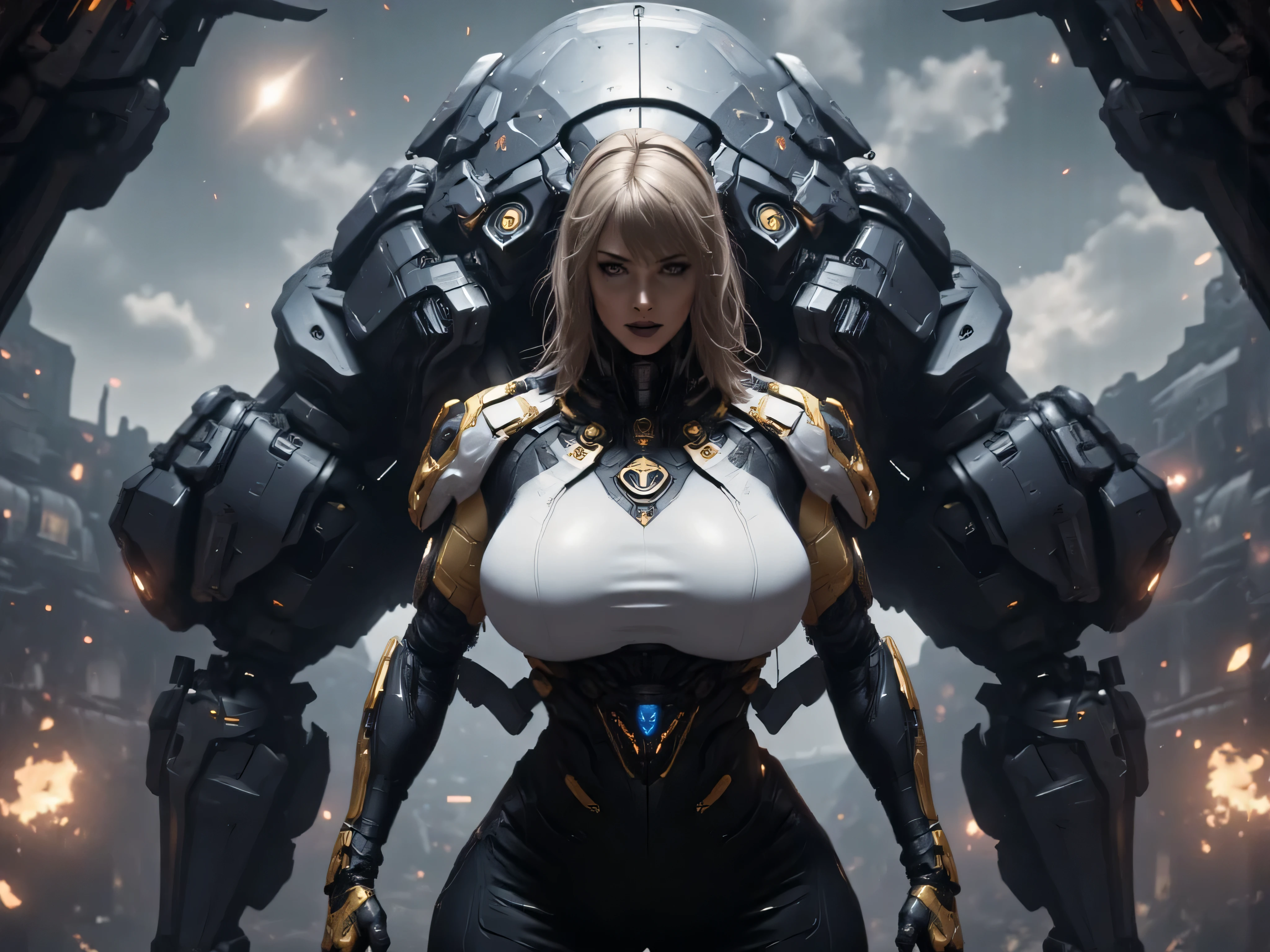 ((best quality)), (Masterpeace, high quality, high resolution, realistic photo, photography, detailed, no tattoos on face), 1 japanese women space heavy steel dark warrior fighter gangster , age from 30 to 36 years old, Xo Gisele, 8k_wallpaper, extremely detailed eyes, (large masterpiece digital art), (intricate details:1.3 ), (ultra-detailed:1.3), (sharp focus:1.3), (natural lighting:1.05), (vivid colors:1.3), (best quality:1.4), HDR, studio lightings, expressive eyes, full body shot, detailed face, beautiful face, perfect face, impudent rude predatory and vulgar look with a predatory fanged smile, smiles predatorily with passion in the eyes, ((voluminous thick sandy blonde hair)), (korean light predatory makeup), {{wet light bronze skin}}, ({wet light bronze skinned female}), (big breasts), huge chest, (pelvis widens:2.4), big ass, dense white coat, closed chest and stomach with thick steel heavy and bulky nano symbiotic armor mecha armor, dressed in a wide and long black and white strict space military uniform with a high collar, on her shoulders are blue wide shoulder straps framed by golden hanging short chains, on her right chest is an emblem in the form of a blue predatory dragon's mouth, black leather pants, golden cyber gloves, she is standing in a wide space cyberpunk Sci-fi of the landing assault starship carrier in the style of a dark blue rhinoceros beetle, post-apocalypse, ultra-realism, hyperrealism, cinematic, dark fantasy, chinese style,