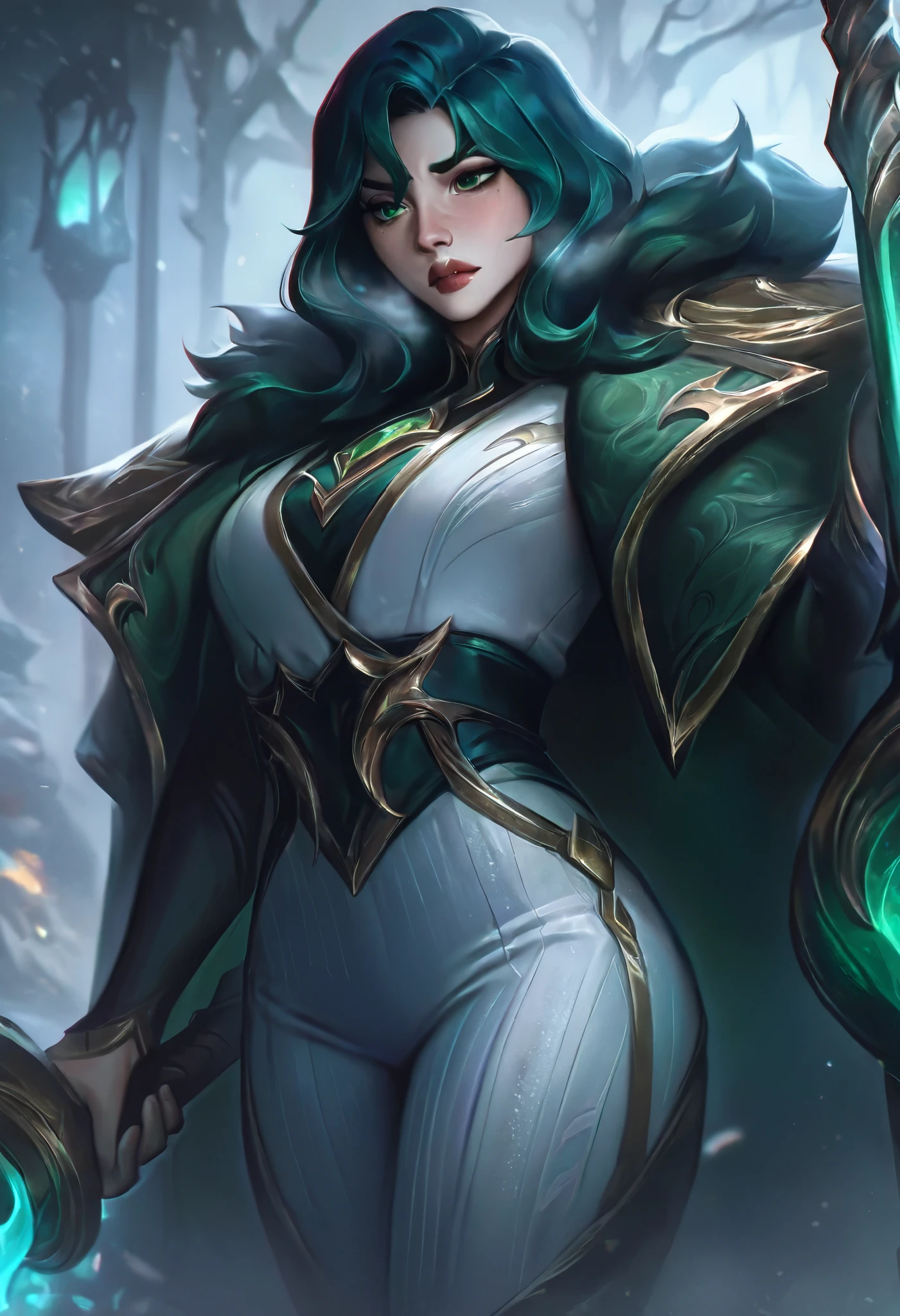 best quality, masterpiece \(quality\), L0LSPL4SH, year2024, year2023, 1girl, West Studio, solo, taller frame, dominant posture, posing, cold, dommy mommy, dark green hair, long marine cape, white outfit, golden medals on the shoulders, cold gaze, neutral expression, detailed eyes, tired eyes, green eyes, holding a sword, best quality,