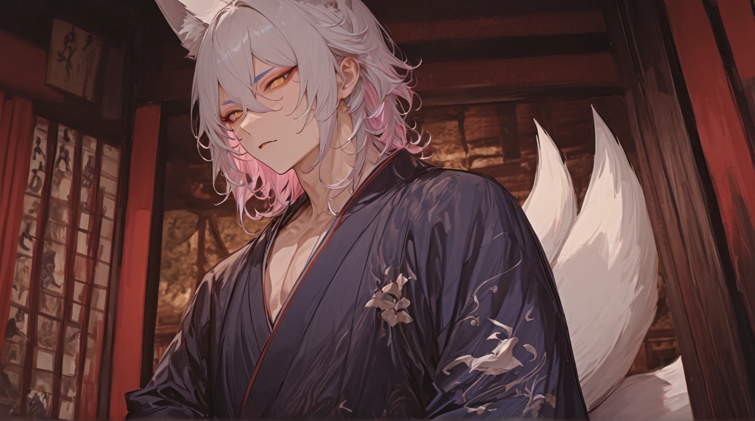 masterpiece, newest, absurdres,Solo, high detailed, Yellow eyes, male, handsome, Sexy male, Handsome Male, sexy male, Seductive, medium Hair, wavy hair, silver hair, (pink tip hair), ((two tone hair)), silver Fox ears, kitsune, sexy kitsune, kitsune, narrow eyes, japanese Yokai Kitsune, in a japanese shrine, sexy, multi color kimono, Long bangs between eyes, Four large fox tails,eyeshadow, shiba red/blue eyebrow