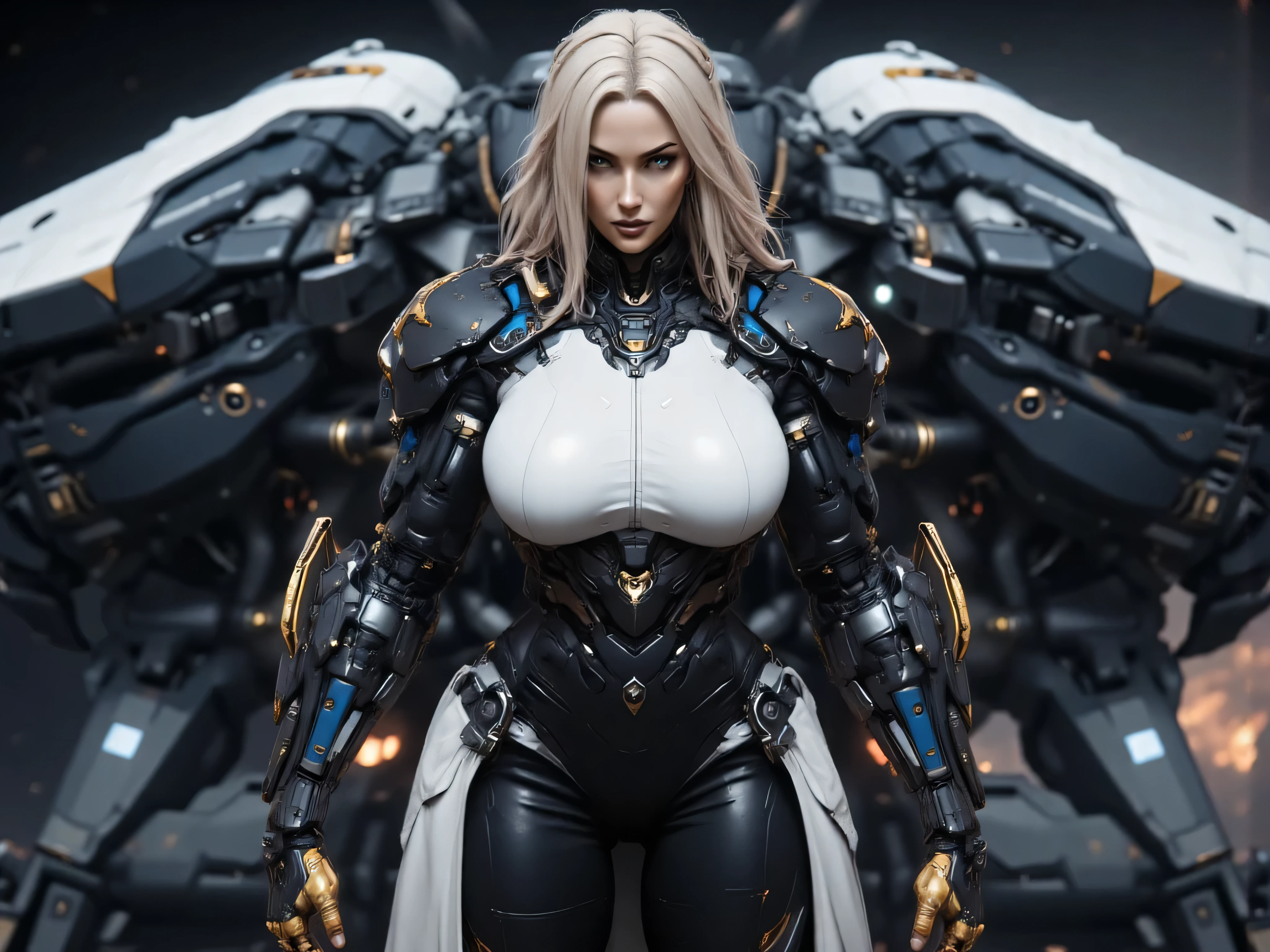 ((best quality)), (Masterpeace, high quality, high resolution, realistic photo, photography, detailed, no tattoos on face), 1 japanese women space heavy steel dark warrior fighter gangster , age from 30 to 36 years old, Xo Gisele, 8k_wallpaper, extremely detailed eyes, (large masterpiece digital art), (intricate details:1.3 ), (ultra-detailed:1.3), (sharp focus:1.3), (natural lighting:1.05), (vivid colors:1.3), (best quality:1.4), HDR, studio lightings, expressive eyes, full body shot, detailed face, beautiful face, perfect face, impudent rude predatory and vulgar look with a predatory fanged smile, smiles predatorily with passion in the eyes, ((voluminous thick sandy blonde hair)), (korean light predatory makeup), {{wet light bronze skin}}, ({wet light bronze skinned female}), (big breasts), huge chest, (pelvis widens:2.4), big ass, dense white coat, closed chest and stomach with thick steel heavy and bulky nano symbiotic armor mecha armor, dressed in a wide and long black and white strict space military uniform with a high collar, on her shoulders are blue wide shoulder straps framed by golden hanging short chains, on her right chest is an emblem in the form of a blue predatory dragon's mouth, black leather pants, golden cyber gloves, she is standing in a wide space cyberpunk Sci-fi of the landing assault starship carrier in the style of a dark blue rhinoceros beetle, post-apocalypse, ultra-realism, hyperrealism, cinematic, dark fantasy, chinese style,