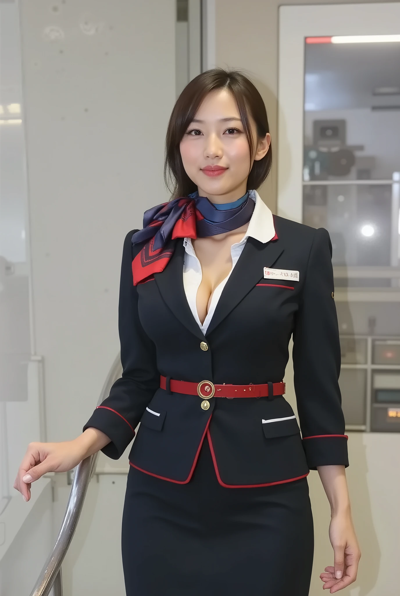 (( Masterpiece: 1.2), ( top quality), (very well detailed ), ( ultra high resolution), ( photorealistic: 2.0), ( RAW Photo: 2.0), 8k, wallpaper, ( one woman), ( Mature Women: 2.0), ultra high resolutionカメラで撮影, ( Japanese woman), (Big Breastsで健康的な体型), ( smile face), (Sexy standing pose, Highlight Clevidge ), ( cabin attendant: 1.4), (sight, sharp pupils, Detailed Eye Drawing), very beautiful face, Perfect Face with Attention to Details , big, even eyes , flashy makeup, ( detailed skin texture : 2.0), A lovely and delicate face, (Big Breasts), (Very sexy thighs), (cowboy shot), ( ), ( airplane background ), ( sensual: 1.2), ( functional), ( Beautiful female hands ), (Thin hands), (look at me),