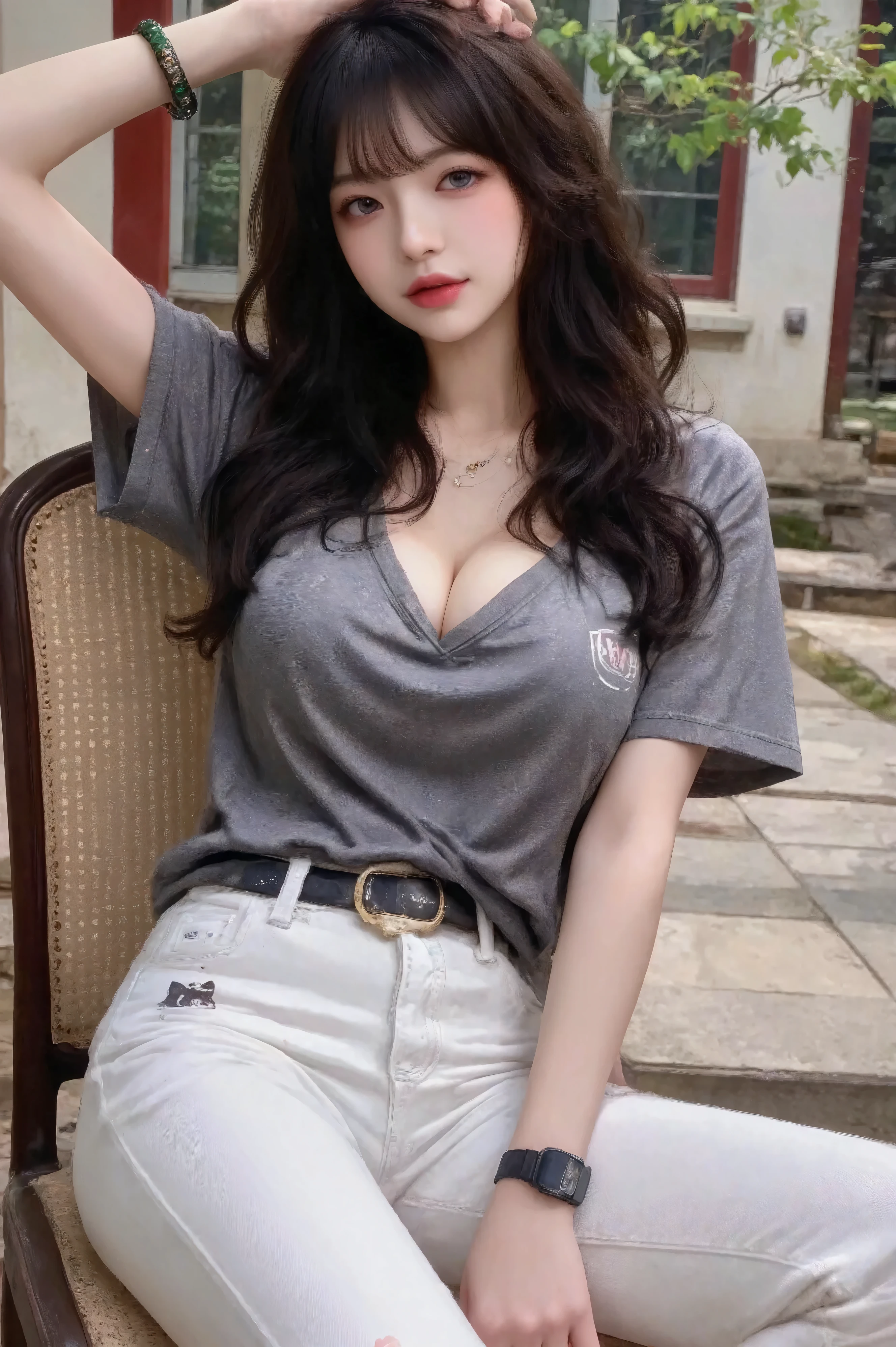 super detailed: 1.5, high resolution, sharp focus: 1.5, highest quality, high quality , Realism, Dim lighting : 1.2, Depth of Field, Bokeh,
Beautiful Detailed Face , fair skin: 1.2, Oval face, long black micro-curly hair, Air Bangs, purple eyes, Bright red lipstick, red eyeshadow, Natural neck length, Beautiful Hands , Perfect Fit, anatomically correct , Wada jade lucky bracelet,Apple watch,
grey casual t-shirt, white triangle jeans, Detailed Cloth Texture , Detailed hair textures, E-mask, raised chest,
whole body, Sit sideways in a chair, dynamic pose, looking at the camera,
classical courtyard background , soft natural light