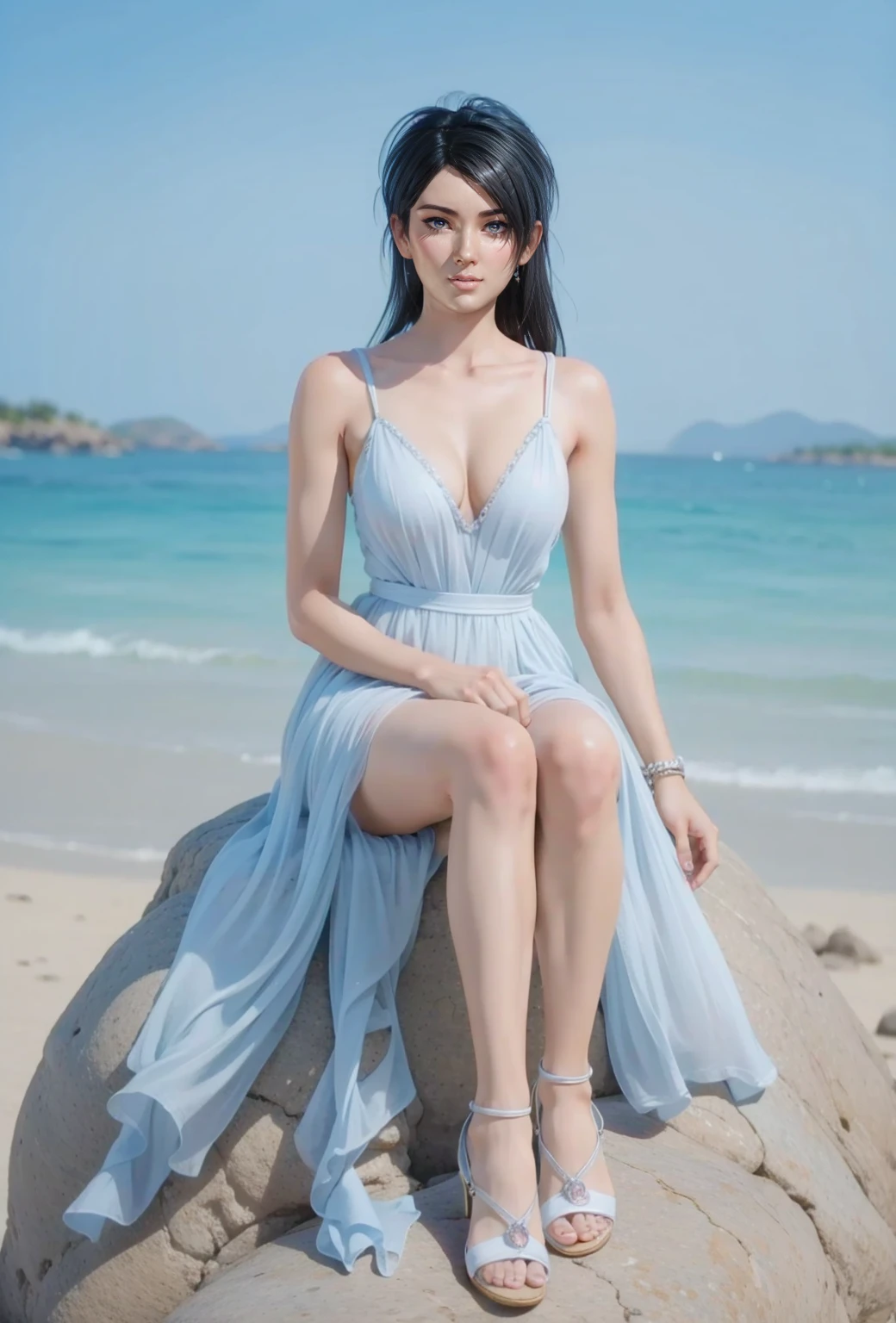 Beautiful woman with perfect body：1.4，Layered Hairstyle，Prominent cleavage，Highly detailed face and skin textures，Double eyelids，Skin Whitening，Long hair，Whitened long legs，（Dress）Standing by the sea