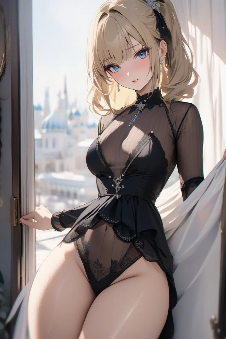 (Naked:1.4), (see-through lingerie:1.3), (blushing face:1.4), smiling, cowboy shot, e cup