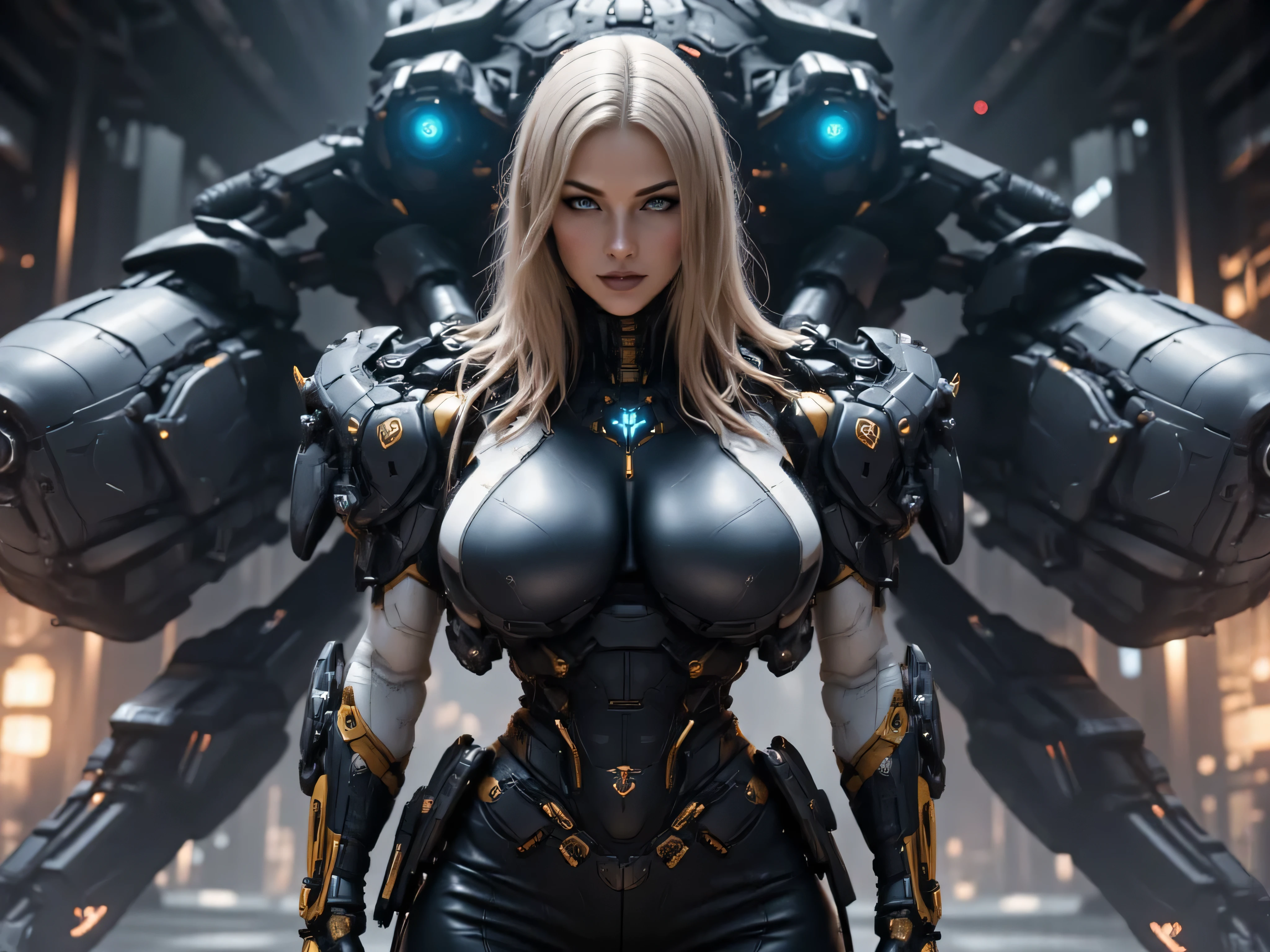 ((best quality)), (Masterpeace, high quality, high resolution, realistic photo, photography, detailed, no tattoos on face), 1 japanese women space heavy steel dark warrior fighter gangster , age from 30 to 36 years old, Xo Gisele, 8k_wallpaper, extremely detailed eyes, (large masterpiece digital art), (intricate details:1.3 ), (ultra-detailed:1.3), (sharp focus:1.3), (natural lighting:1.05), (vivid colors:1.3), (best quality:1.4), HDR, studio lightings, expressive eyes, full body shot, detailed face, beautiful face, perfect face, impudent rude predatory and vulgar look with a predatory fanged smile, smiles predatorily with passion in the eyes, ((voluminous thick sandy blonde hair)), (korean light predatory makeup), {{wet light bronze skin}}, ({wet light bronze skinned female}), (big breasts), huge chest, (pelvis widens:2.4), big ass, dense white coat, closed chest and stomach with thick steel heavy and bulky nano symbiotic armor mecha armor, dressed in a wide and long black and white strict space military uniform with a high collar, on her shoulders are blue wide shoulder straps framed by golden hanging short chains, on her right chest is an emblem in the form of a blue predatory dragon's mouth, black leather pants, golden cyber gloves, she is standing in a wide space cyberpunk Sci-fi of the landing assault starship carrier in the style of a dark blue rhinoceros beetle, post-apocalypse, ultra-realism, hyperrealism, cinematic, dark fantasy, chinese style,