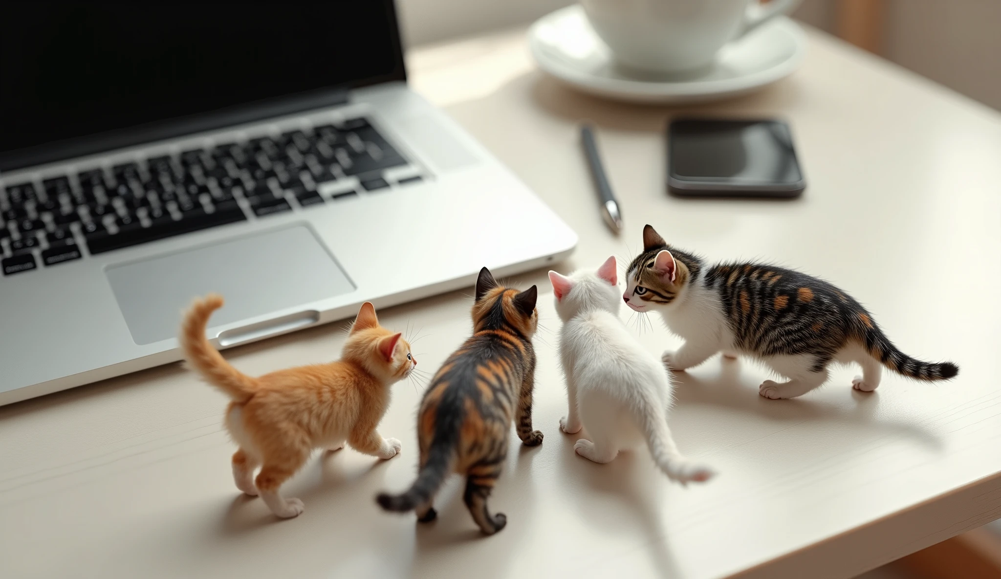 Top view of five miniature, micro, thumb-sized cats of various breeds and colors roaming and playing on a work desk with a laptop, viewed from a top-down perspective. The image is highly realistic, capturing fine details such as the texture of the cats' fur and reflections on the desk surface. The desk has minimal objects, only featuring a laptop, a phone, and a coffee cup. Each tiny cat has a unique appearance, including tabby, calico, black, white, and orange fur patterns. The kittens interact with their surroundings, walking on the laptop keyboard, climbing on objects, or curiously exploring the workspace. The overhead perspective emphasizes the playful miniature cats and their size in relation to the desk and objects.