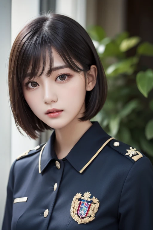 Highest image quality, outstanding details, ultra-high resolution, (realism: 1.4), ((middle shot:0.75)), highly condensed 1lady, with beautiful and a delicate face, perfect proportion, (wearing rpolice uniform), background simple grey wall,