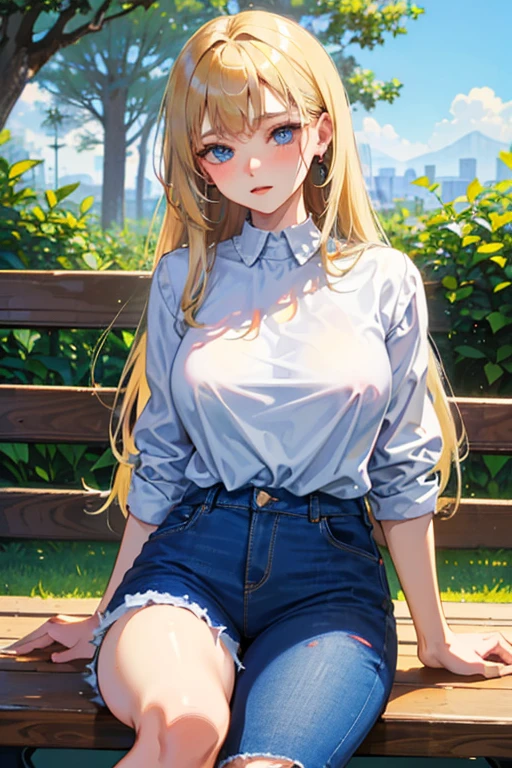 Masterpiece、最high quality、high quality、High definition、High resolution、High detail、Lens flare、Ray tracing method、high qualityの質感、high qualityの影、Beautiful details、Detailed and delicate、Detailed texture、Realistic facial expression、Realistic and colorful、Delicate、Cinematic Light、Side light、Sharp Focus、(1 woman:1.3)、(Intricate details、Makeup、Pure Eros Face_v1:0.5)、(Details Beautiful delicate face、Detailed beautiful delicate eyes、Perfect Facial Proportions、Detailed skin、Charm)、fancy hairstyles、Beautiful bangs、(Two-tone gradient hair color)、slender、(Upturned beautiful breasts)、Raise your arm and make a peace sign、Detailed crotch、Female juice、(Experiencing the best orgasm)、Light-colored V-cut、Light-colored thong、Thigh mini skirt、Low-rise mini skirt、Front-button short-sleeve shirt、Crop top、Low-angle composition、bench