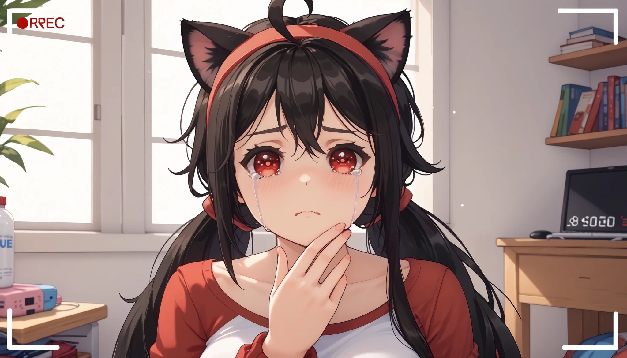 meter ,    long hair, periphery, , ((cat girl, cat ears)), (red eyes), ( long hair ), (( black hair, (Ahoge) , (streaming tears), cry,    multicolored ,  Unscrewed  ,   headband  , choke,Break  shirt,  shirtless ,   bra attached to a lace coat , ,Break looking at viewer,Break (Masutepiece:1.2),   the best quality,   High resolution ,  unity 8k wallpaper, (  illustration :0.8), (  beautiful and detailed eyes:1.6),   extra detailed face  ,   perfect lighting  ,   extremely CG details , (   perfect hands   ,   Perfect Anatomy ), 、 big,  full breasts 、with a sad face、cowboy shot、 muslos muslos muslos muslos 、,   disheveled hair , messy hair, ((simple backroom ,))