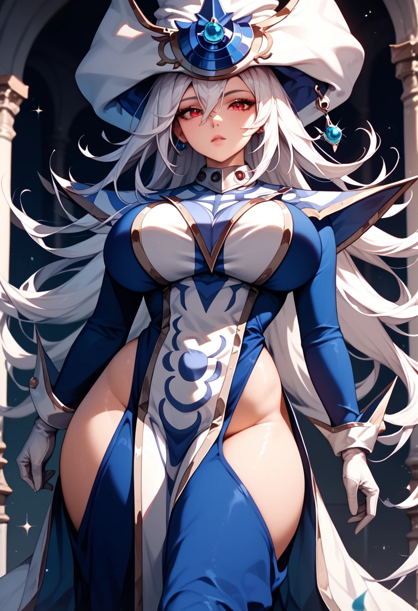 Perfect CG unity 8K UHD wallpaper, Perfect CG unity 8K UHD wallpaper, silentmagician, white hair, ((long hair:1.5)), red eyes, wizard hat, blue dress, hip vent, long sleeves, white gloves, tabard, pelvic curtain, library, wide hips, thick thighs, huge breasts,