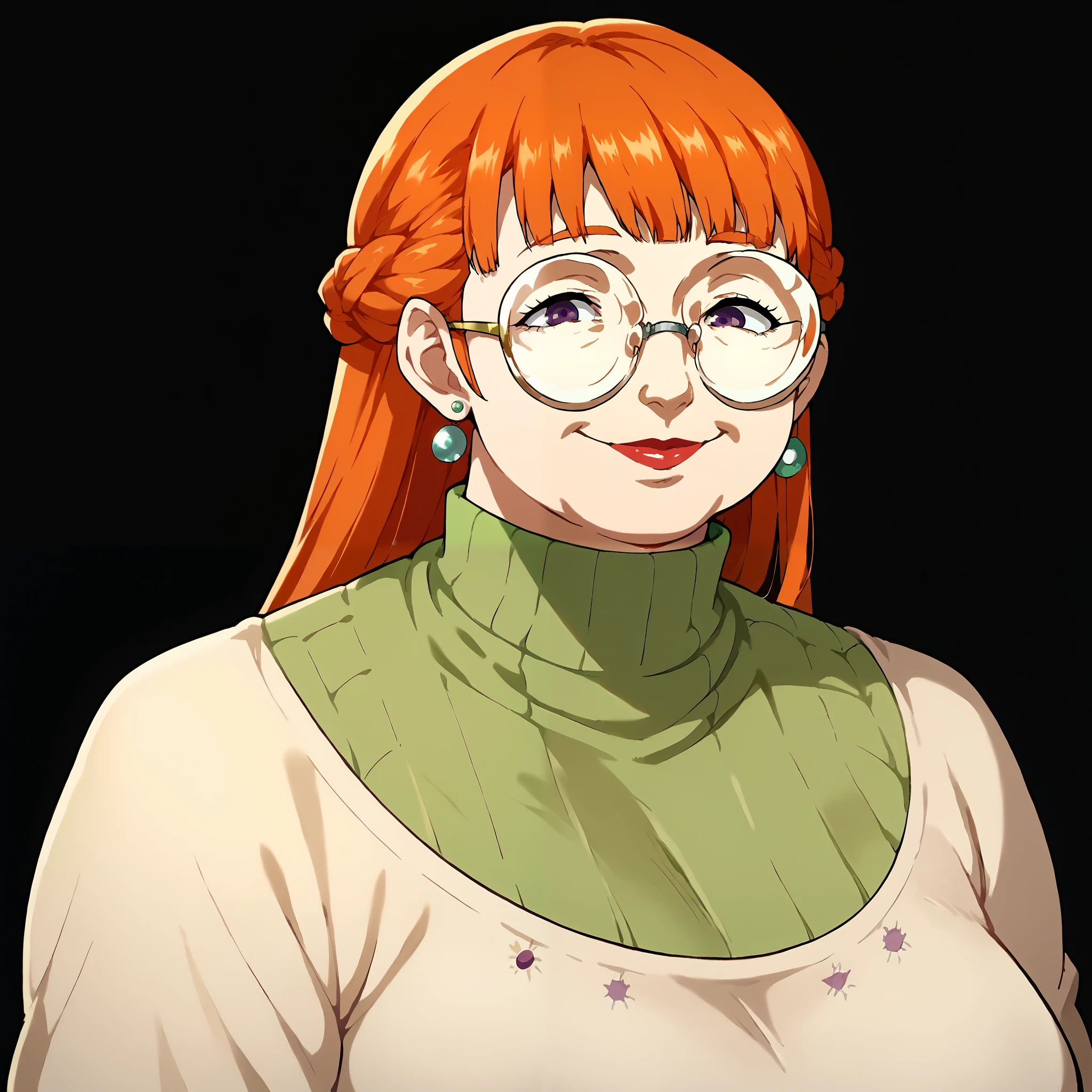 Score_9, score_8_up, score_7_up, source_anime, cowboy shot,masterpiece, best quality, portrait, black background,  sakura 
 futaba, orange hair, long braid, purple eyes, brown eyes, (round glasses:1.3), (mature female, mature face, milf), blunt bangs, green turtleneck sweater, lipstick, earrings, soft smile. Full body shot, fat, chubby, obese