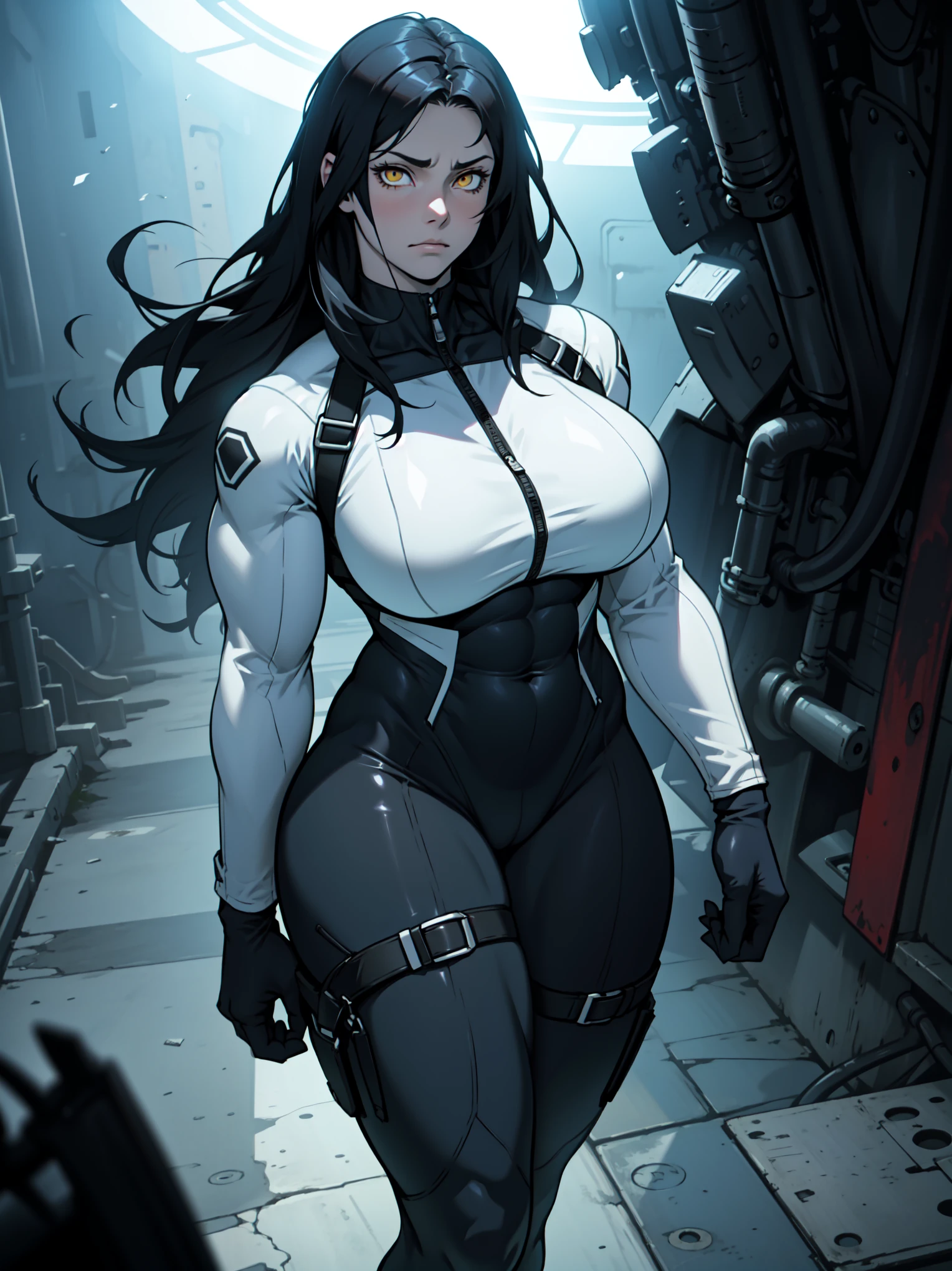 pale skin solo 1 girl black hair yellow eyes angry very long hair huge breasts bodybuilder dark atmosphere black lipstick