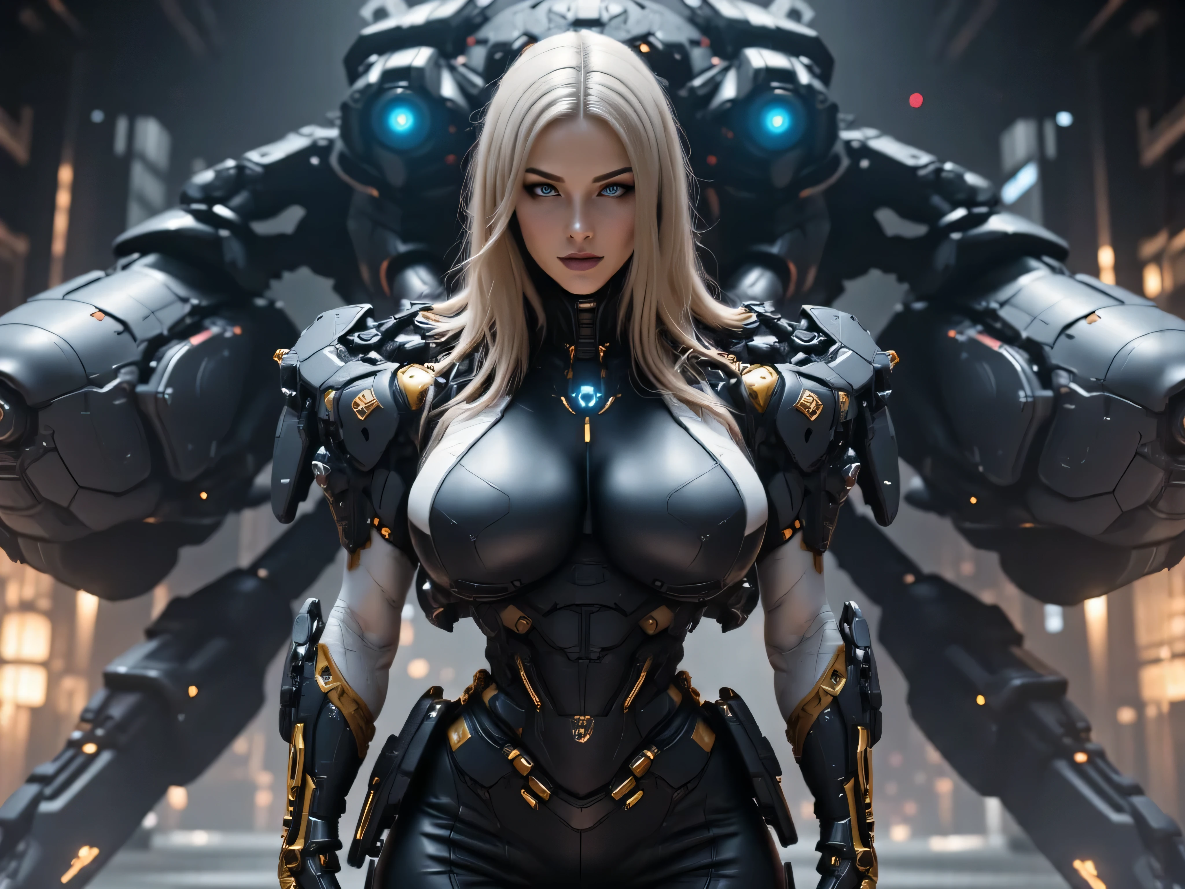 ((best quality)), (Masterpeace, high quality, high resolution, realistic photo, photography, detailed, no tattoos on face), 1 japanese women space heavy steel dark warrior fighter gangster , age from 30 to 36 years old, Xo Gisele, 8k_wallpaper, extremely detailed eyes, (large masterpiece digital art), (intricate details:1.3 ), (ultra-detailed:1.3), (sharp focus:1.3), (natural lighting:1.05), (vivid colors:1.3), (best quality:1.4), HDR, studio lightings, expressive eyes, full body shot, detailed face, beautiful face, perfect face, impudent rude predatory and vulgar look with a predatory fanged smile, smiles predatorily with passion in the eyes, ((voluminous thick sandy blonde hair)), (korean light predatory makeup), {{wet light bronze skin}}, ({wet light bronze skinned female}), (big breasts), huge chest, (pelvis widens:2.4), big ass, dense white coat, closed chest and stomach with thick steel heavy and bulky nano symbiotic armor mecha armor, dressed in a wide and long black and white strict space military uniform with a high collar, on her shoulders are blue wide shoulder straps framed by golden hanging short chains, on her right chest is an emblem in the form of a blue predatory dragon's mouth, black leather pants, golden cyber gloves, she is standing in a wide space cyberpunk Sci-fi of the landing assault starship carrier in the style of a dark blue rhinoceros beetle, post-apocalypse, ultra-realism, hyperrealism, cinematic, dark fantasy, chinese style,