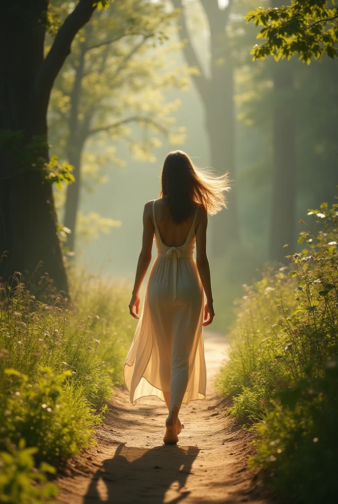 High resolution, (Official art, Beautiful and aesthetic: 1.2), Close View, Vast world, girl, Running, Refreshing smile, Long skirt, Distant horizon, forest, natural beauty, inspiration, light effect ,barechested,