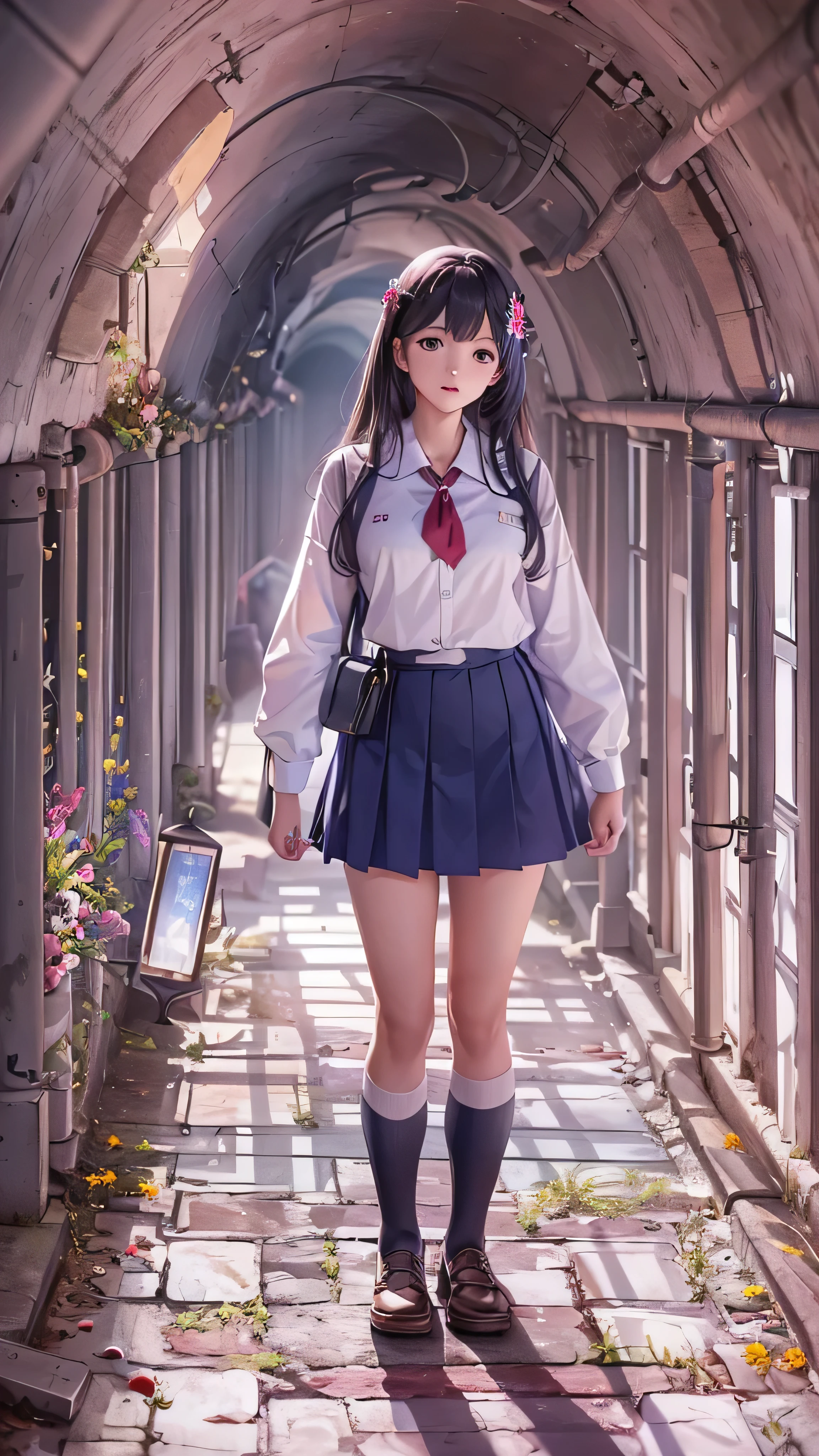 There is a woman in a school uniform walking down a walkway - SeaArt AI