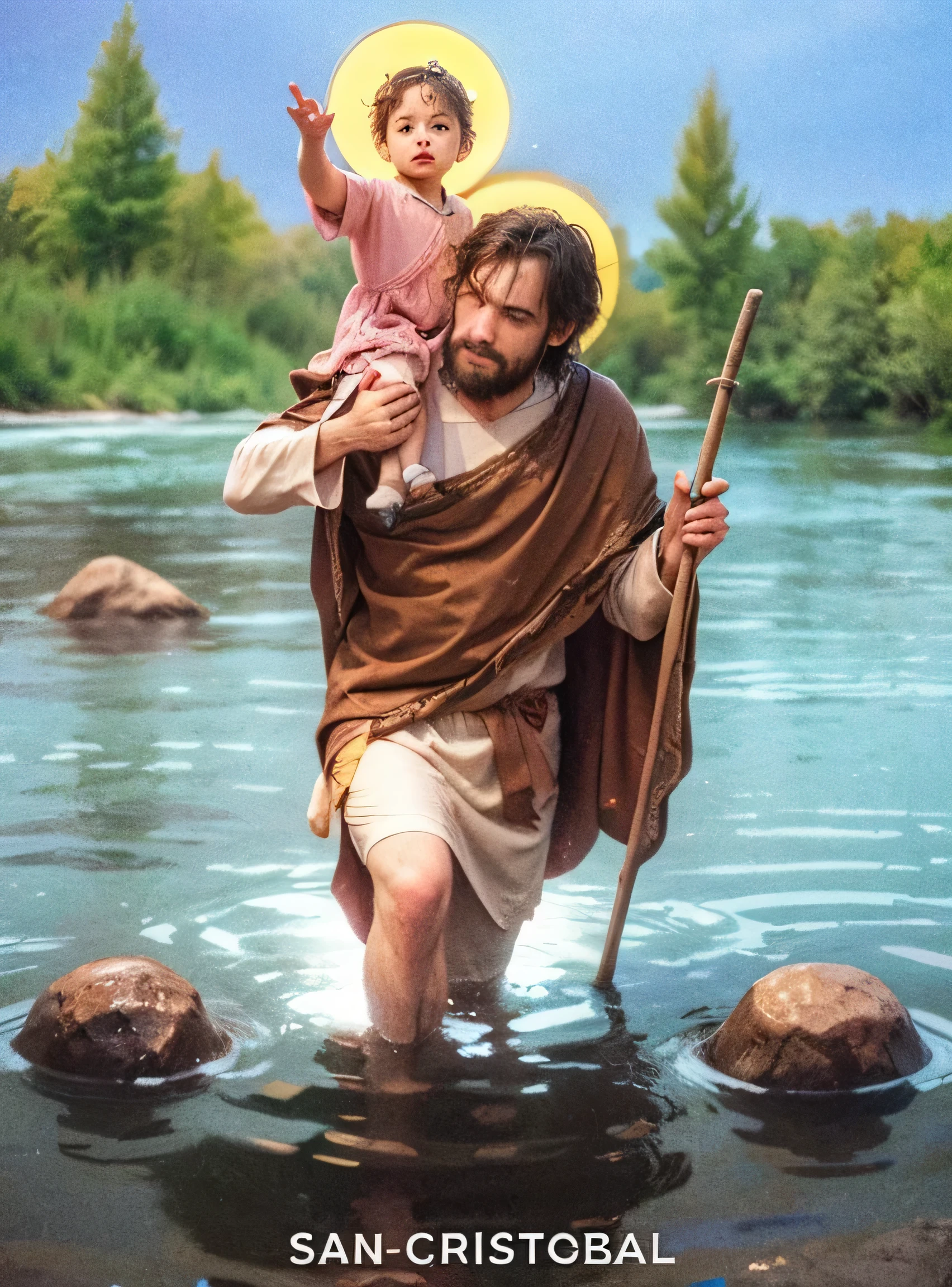 A 50 year old man, Impressive giant, long-bearded , with strong muscles and striking features , serene and decisive expression , and his nostrils are dilated , transmitting strength and resistance , He wears a simple, rustic tunic, of beige and reddish brown tones slightly wet by river water and holds a knotty wooden staff to support himself on the crossing. A boy sits gracefully on the left shoulder of this man , this boy wears a light and flowing white robe. His angelic face has golden and curly hair , and your eyes reflect serenity and divine wisdom . A golden halo encircles her head , radiating a soft heavenly light . In a gesture of victory, He raises one of his hands , while in the other security the world at your fingertips , as if it were a small luminous sphere . The setting must be majestic and enveloping , with a river of calm waters , partially submerged stones and soft reflections of heavenly light on the surface