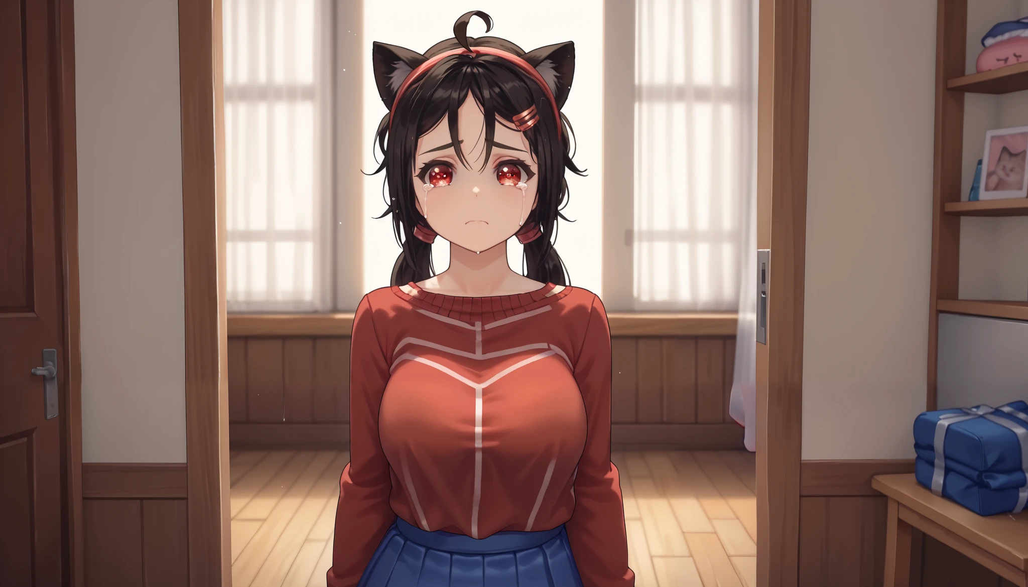 meter , long hair, periphery, , ((cat girl, cat ears)), (red eyes), ( long hair ), (( black hair, (Ahoge) , (tears), cry, multicolored , Unscrewed , headband , choke,Break shirt, red thighhighs, Blue skirt, low twintails, red hairclip , red sweater , bra attached to a lace coat , ,Break looking at viewer,Break (Masutepiece:1.2), the best quality, High resolution , unity 8k wallpaper, ( illustration :0.8), ( beautiful and detailed eyes:1.6), extra detailed face , perfect lighting , extremely CG details , ( perfect hands , Perfect Anatomy ), 、 big, full breasts 、with a sad face、cowboy shot、 muslos muslos muslos muslos 、, disheveled hair , messy hair, ((simple backroom ,))