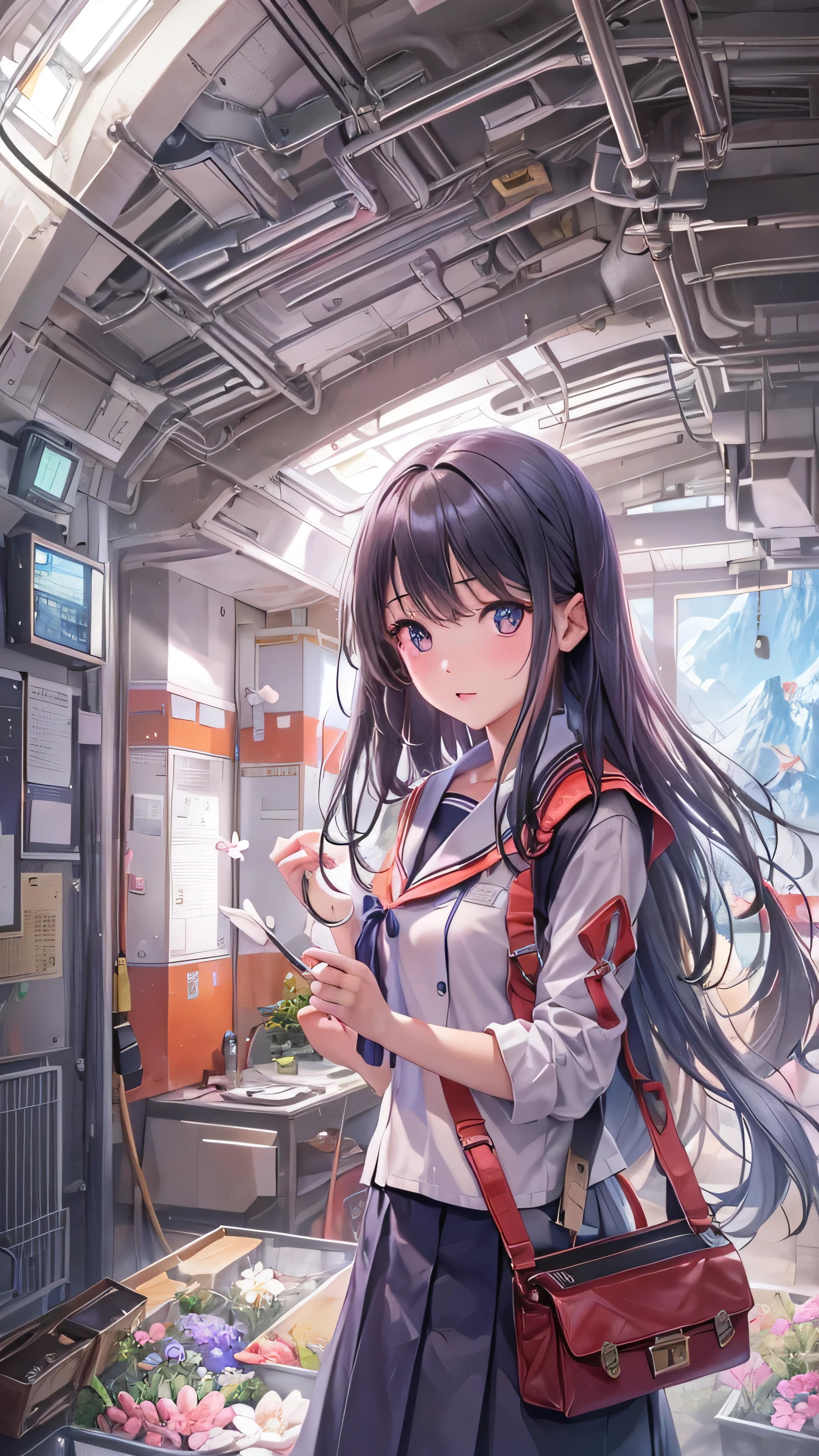 Anime girl with long hair and backpack looking at cell phone - SeaArt AI