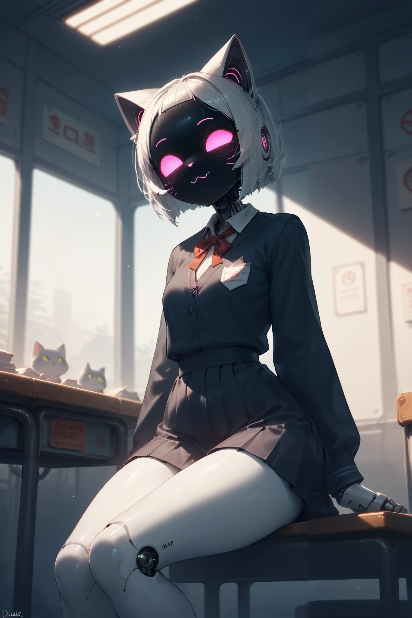 score_9_up, score_8_up, score_7_up, School, school uniform, 1girl, young, cute, sexy, absolute territory, thighs, sitting, sign, cyborg, screen face, cat face, detailed, best quality, 4k