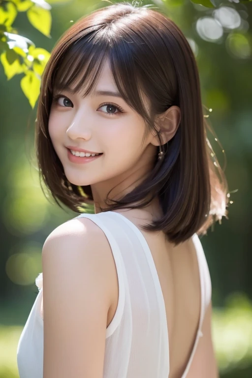 (ブラジャーを着ていない:1.5)、(RAW Photos), (Realistic), (masterpiece), (highest quality), High resolution, 8K resolution, (Intricate details), (Volumetric Light), Portraiture, woman,, short hair, Straight hair, Layered Hair, Brown haired, Highly detailed eyes, Source order, Very thin eyebrows, Highly detailed skin, Highly detailed mouth, Highly detailed nose, Cute like an idol, smile, ((Thick lips)), ((Look at the viewers)), (Elegant blouse)、Cleavage、Cleavage、The color of the clothes is up to you、The color of her underwear is see-through colorful、