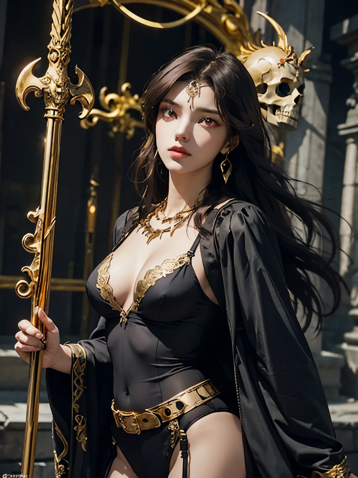 1 girl, solo, details, masterpiece, best quality, photorealistic realism, beautiful girl, long hair, black hair, skull headband, gold earrings, (((red eyes))), beautiful face, skull necklace, perfect body, large breast, open chest, black lingerie, skull bracelet, gold earrings, gold belt, (((gold panty))), musical instrument, (((stand near ceberus))), dark sky, dark temple,
