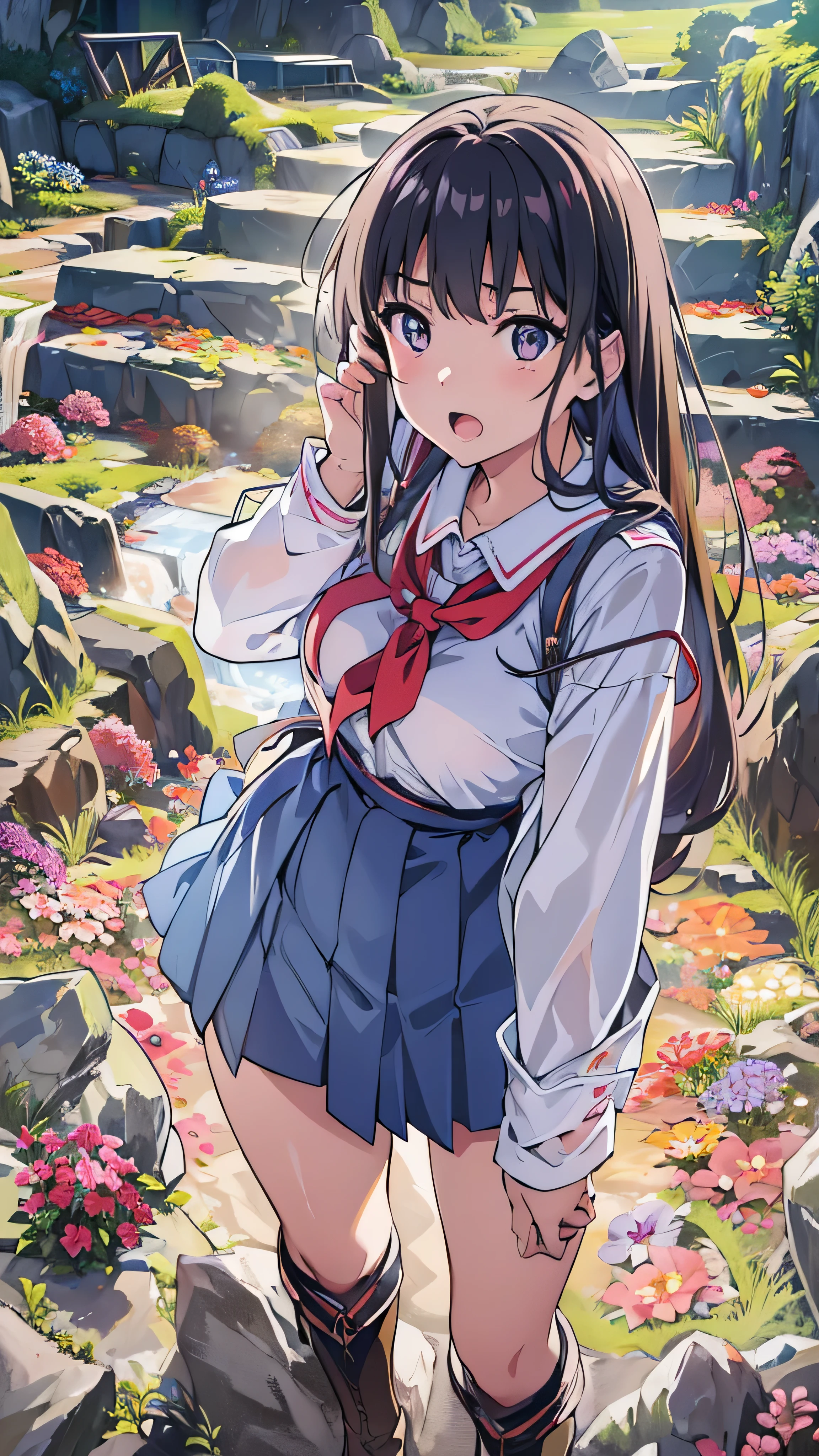 top quality, (At the end of the tunnel is another world ) Soft light, ultra high resolution,Drifting Classroom ( photorealistic:1.4), movie, 1 Japanese girl , Alone, cute, (pupil, light in my eyes), Seeing beautiful detailed faces , ( Tiny Breasts ),( high resolution human skin texture),( long hair),( Heroine who has wandered into the underworld)Navy blue school uniform , white shirt , red skirt, Full Body High Quality Image 、( there is a rocky surface on top and mountains in the distance、An underground world where colorful flowers bloom )