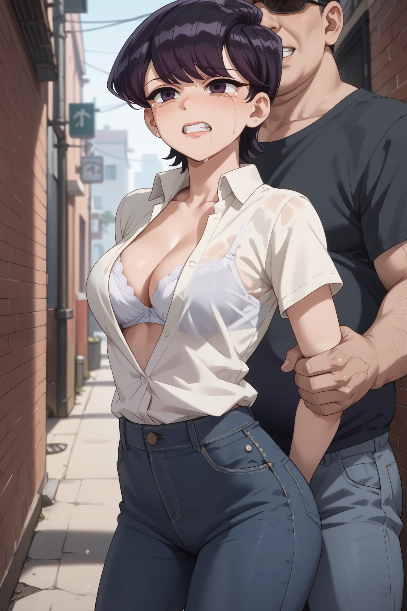 A young, cute, bloody, bruised, sweaty Japanese female street fighter and a male fighter in a back alley fighting each other. She is cornered against the wall. His fist is hitting her in the stomach, black hair short cut. She is crying. Both eyes closed. Short of breath. Drooling from the mouth. Naked. Denim shorts. Open finger gloves. Erect nipples.