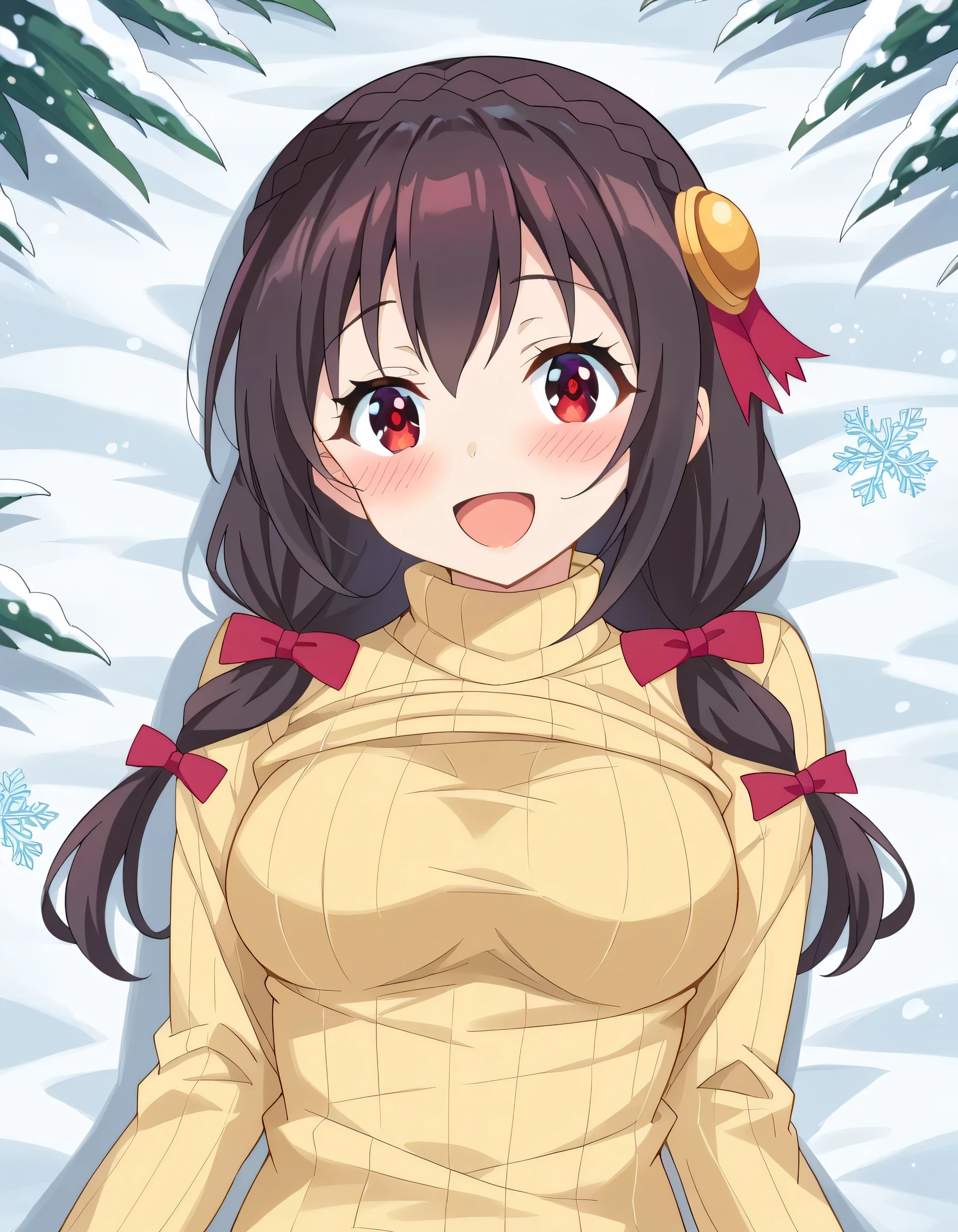 high image quality, high quality、
Yunyun、 black hair, hair accessories, red eyes, , braided, crown braided,
( yellow sweater:1.2)、 view viewer、(blush)、(A pleasant smile)、( I lie down in a large shape on fresh snow)、( I can see my whole body)、sprawled out on back、 happy smile、 my whole body is buried in the snow 、My whole body sinks in the snow 、 view from above、( Snow Flutters)、( snowflakes dance like a queen:1.2)、(sunlight)、(Sunshine)、(Sunlight)、( open your mouth and smile)
