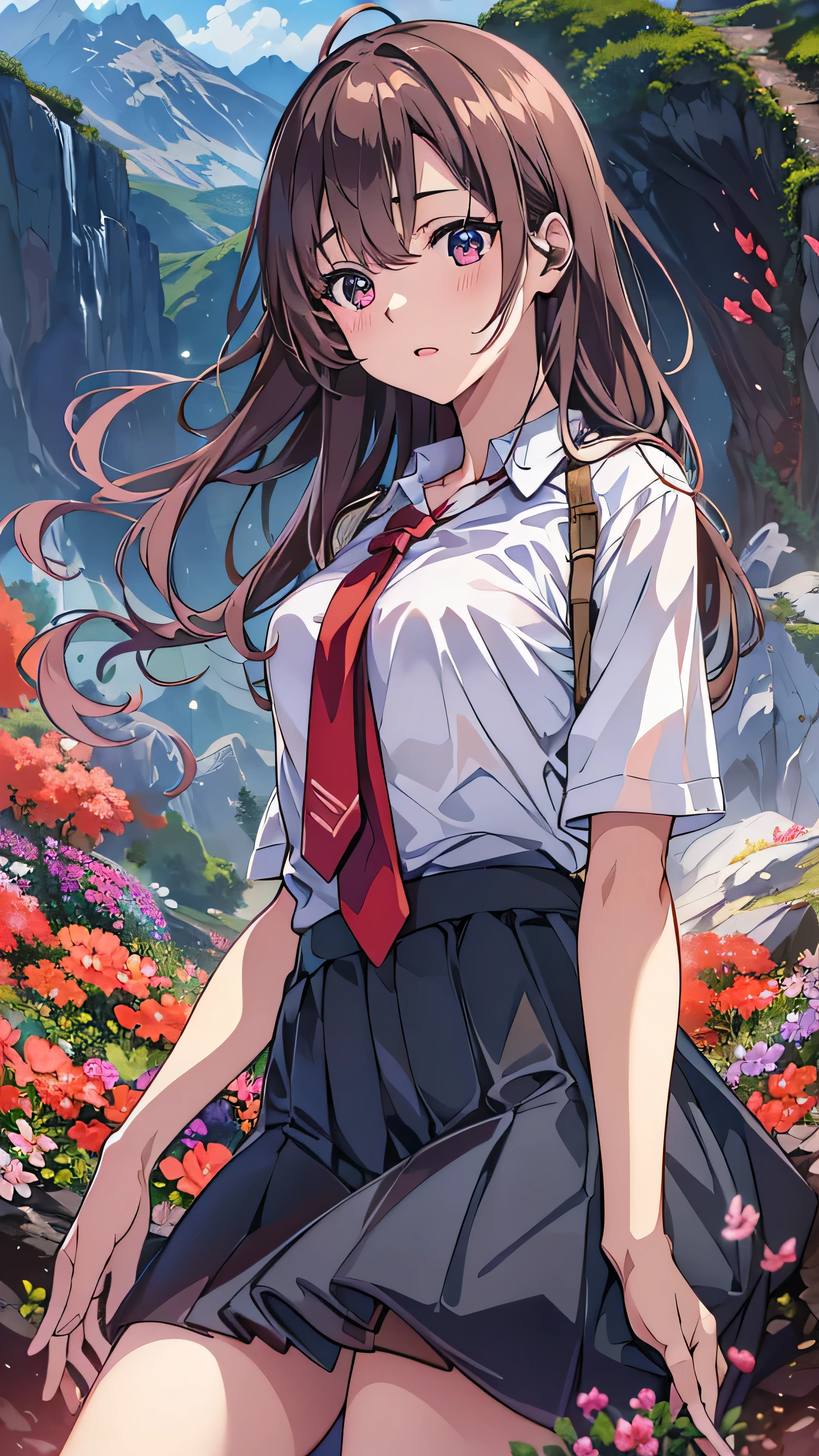 top quality, (At the end of the tunnel is another world ) Soft light, ultra high resolution,Drifting Classroom ( photorealistic:1.4), movie, 1 Japanese girl , Alone, cute, (pupil, light in my eyes), Seeing beautiful detailed faces , ( Tiny Breasts ),( high resolution human skin texture),( long hair),( Heroine who has wandered into the underworld)Navy blue school uniform , white shirt , red skirt, Full Body High Quality Image 、( there is a rocky surface on top and mountains in the distance、An underground world where colorful flowers bloom )