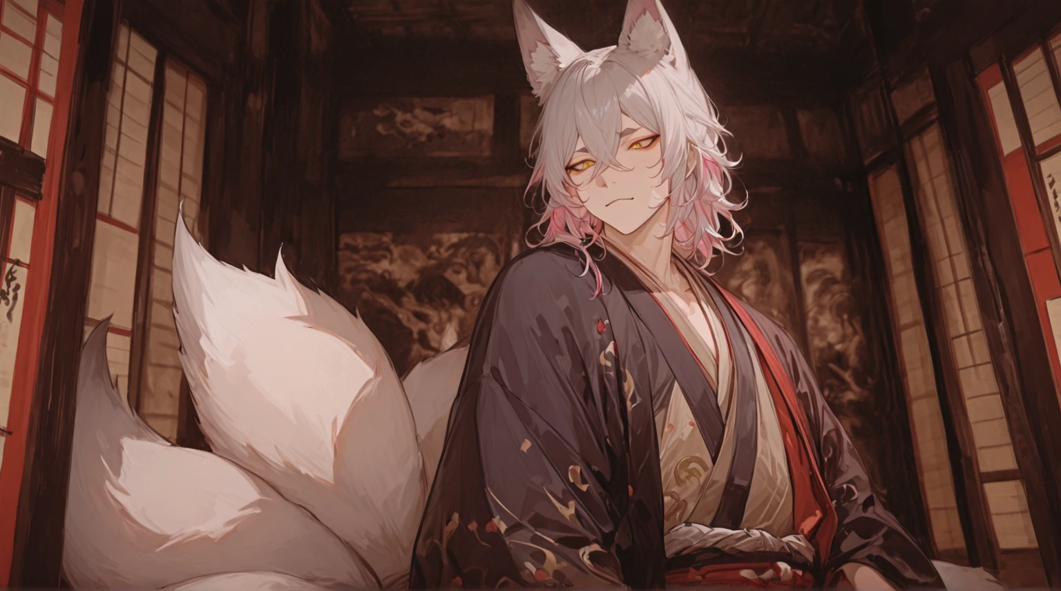 masterpiece, newest, absurdres,Solo, high detailed, Yellow eyes, male, handsome, Sexy male, Handsome Male, sexy male, Seductive, medium Hair, wavy hair, silver hair, (pink tip hair), ((two tone hair)), silver Fox ears, kitsune, sexy kitsune, kitsune, narrow eyes, japanese Yokai Kitsune, in a japanese shrine, sexy, multi color kimono, Long bangs between eyes, Four large fox tails, eyeshadow, shiba eyebrow