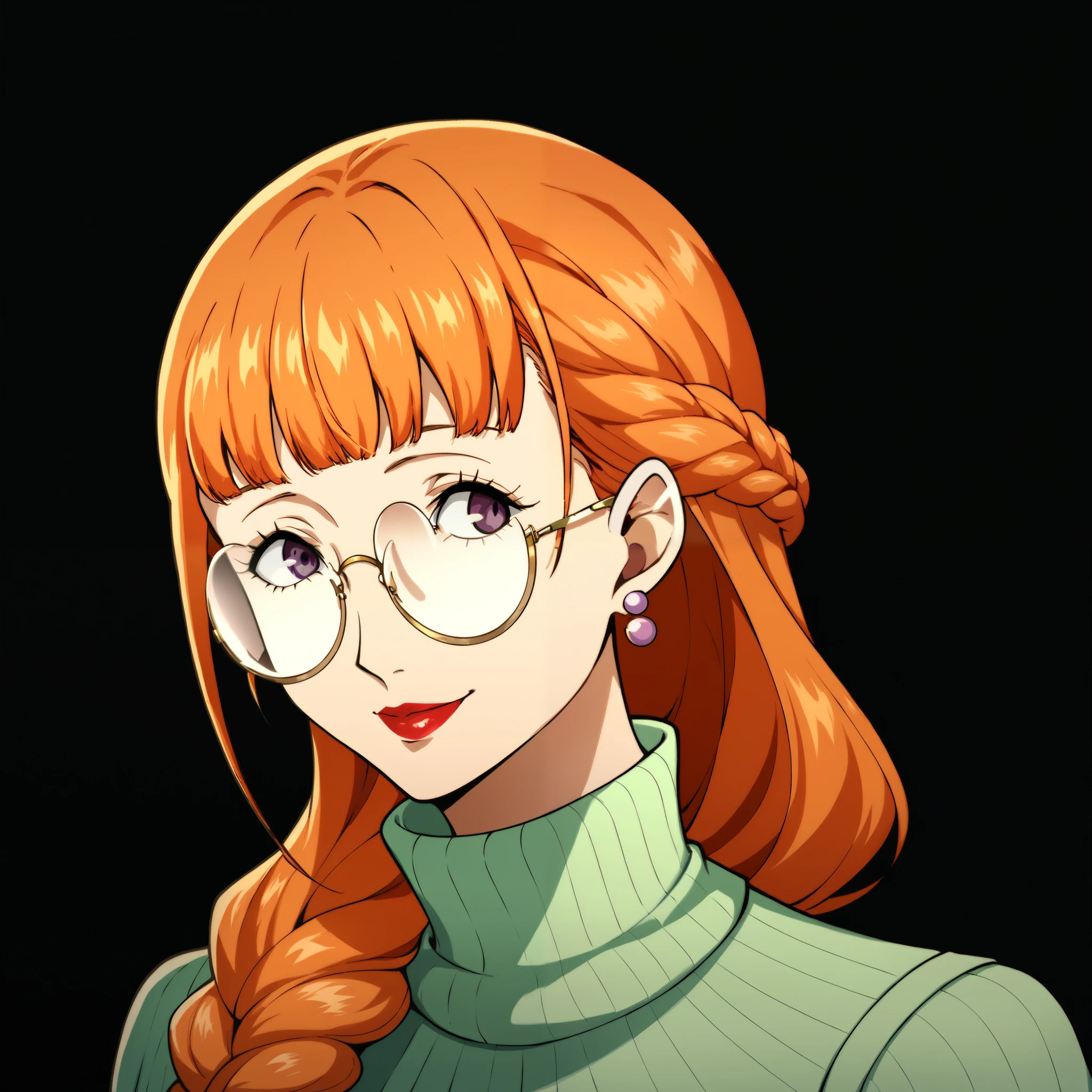 Score_9, score_8_up, score_7_up, source_anime, cowboy shot,masterpiece, best quality, upper body, portrait, black background, sakura
futaba, orange hair, long braid, purple eyes, brown eyes, (round glasses:1.3), (mature female, mature face, milf), blunt bangs, green turtleneck sweater, lipstick, earrings, soft smile. Full body shot