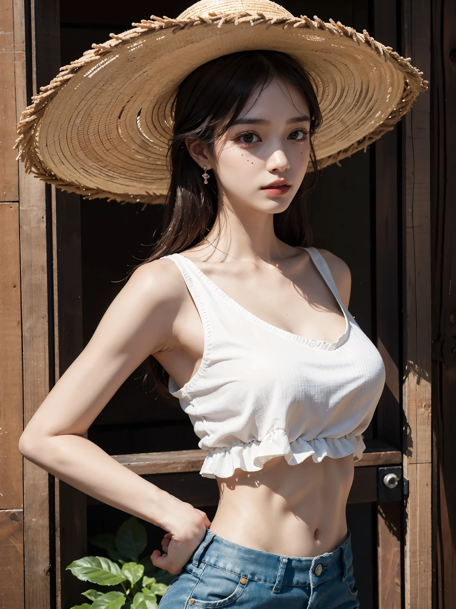 absurdres, RAW photo, extremely delicate and beautiful, masterpiece, Best Quality, ultra high resolution, 32k, hyperrealistic, ultra-detailed, perfect anatomy, super Detailed skin, Super Beauty, perfect figure, Perfect Style, Perfect balance, in her 20s, very small head, very small face, delicate facial features, tearful mole, earring, very huge breasts, bare legs, full body shot, medium hair, black hair, casual, blouse, white shirt, buttoned shirt, bare shoulders, collarbone, midriff, navel, shorts, straw hat,