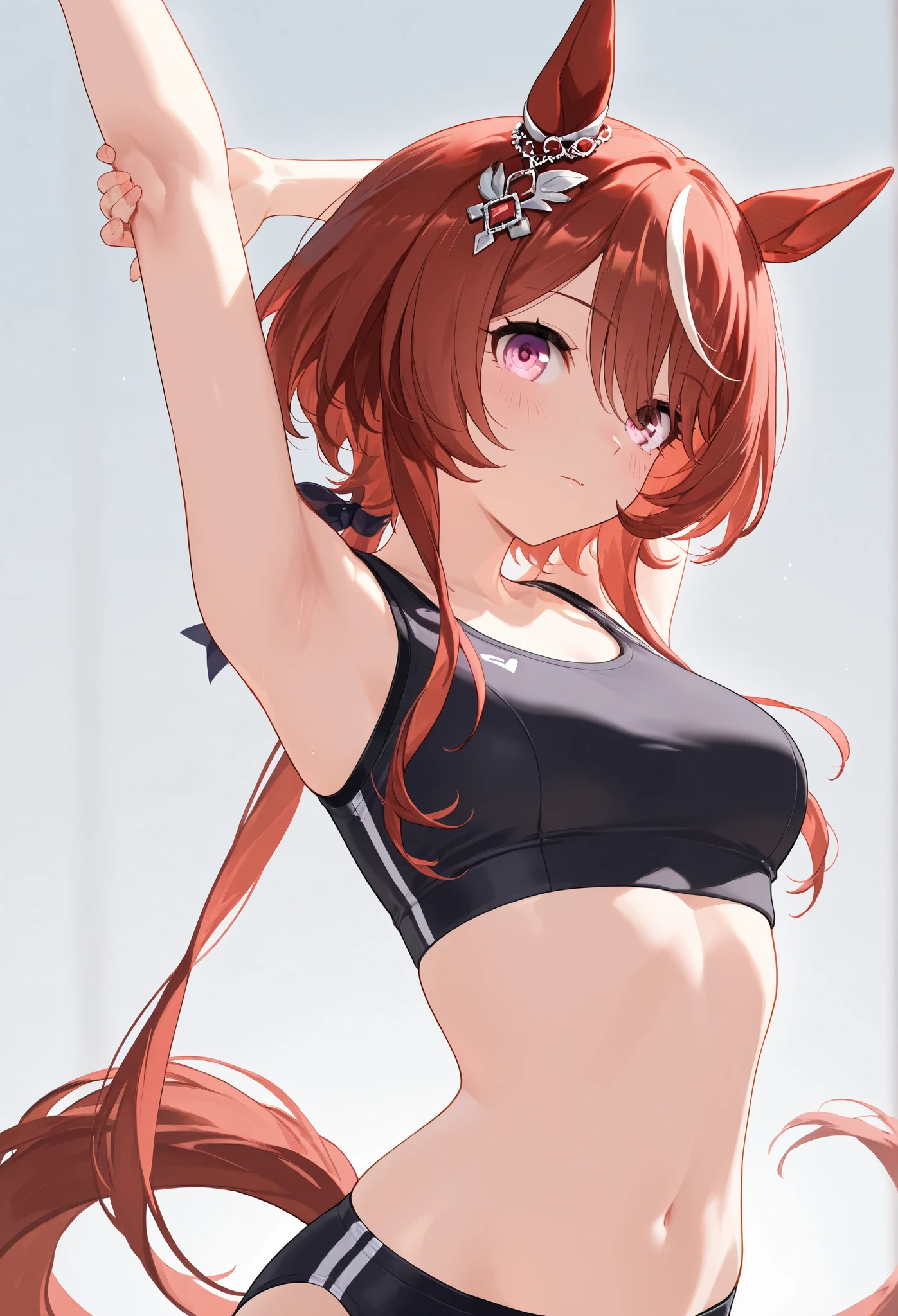 {{{ Masterpiece}}}, {{{ top quality }}}, {{ More details}}, { Illustration }, {{ very delicate and beautiful }}, detailed skin, Delicate Eyes {{{Uma Musume}}},{{{Win Variation:1.7}}},{{{ sports bra}}},{{{ sports panties}}}, red hair right ear ornament ,{{{ stretching}}}