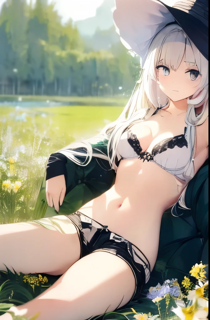 (masterpiece, top quality), one girl with long white hair sitting in a field of green plants and flowers, warm moonlight, blurry foreground, , river bank, bra shorts, odd eyes