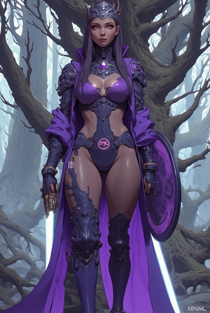 Full body, masterpiece, female drow elf purple skin standing pose, purple cape, purple bikini, long white hair, strong body, high heels, swamp background, water surface, daylight, trees, slave female with choker, blindfolded, shackles on legs and arms