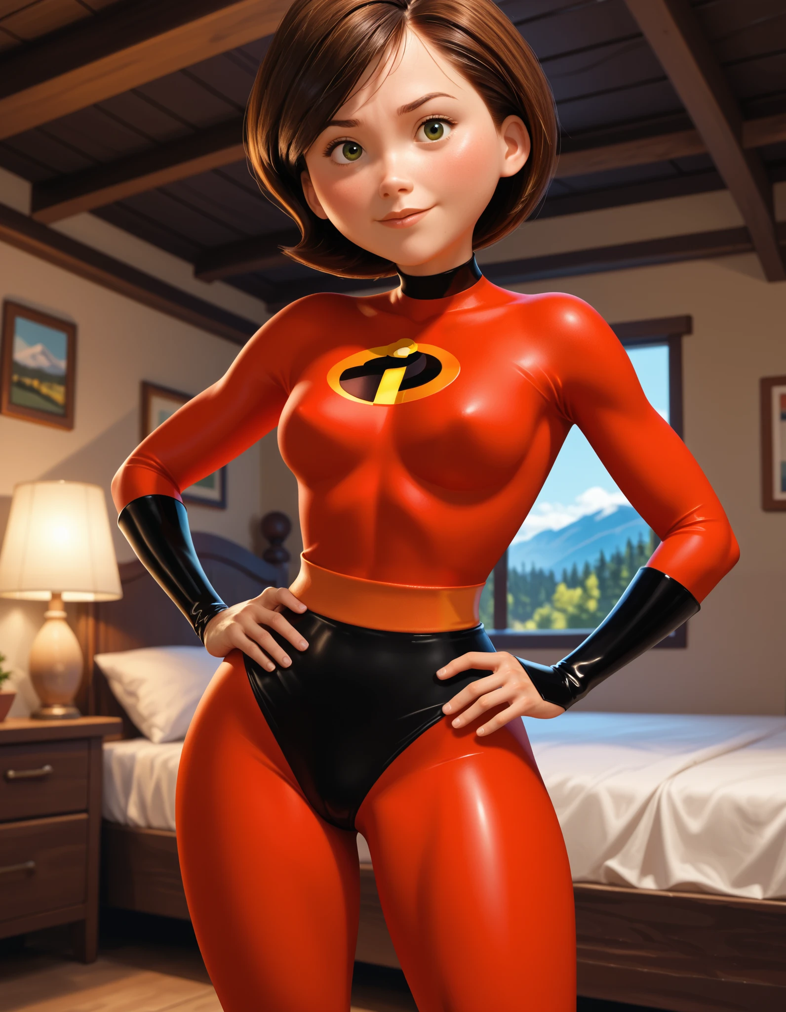 score_9_up, score_8_up, score_7_up, 1girl, solo, mature female, Helen Parr, brown short hair, brown eyes, eyes mask, pink lips, parted lips, fit slim body, perfect medium erected breast, (((red the Incredibles suit))), (((higly detailed modern luxury bedroom))), looking at the viewer,