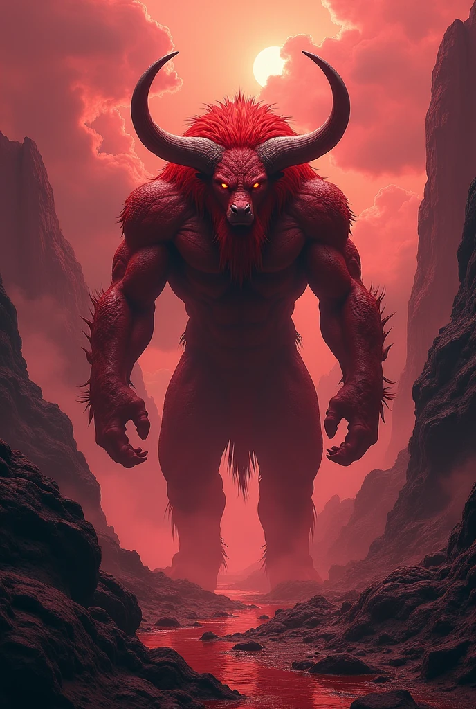 Create a manga drawing of a completely crimson minotaur with a scar on its head, in ruins with a reddish and destructive atmosphere.