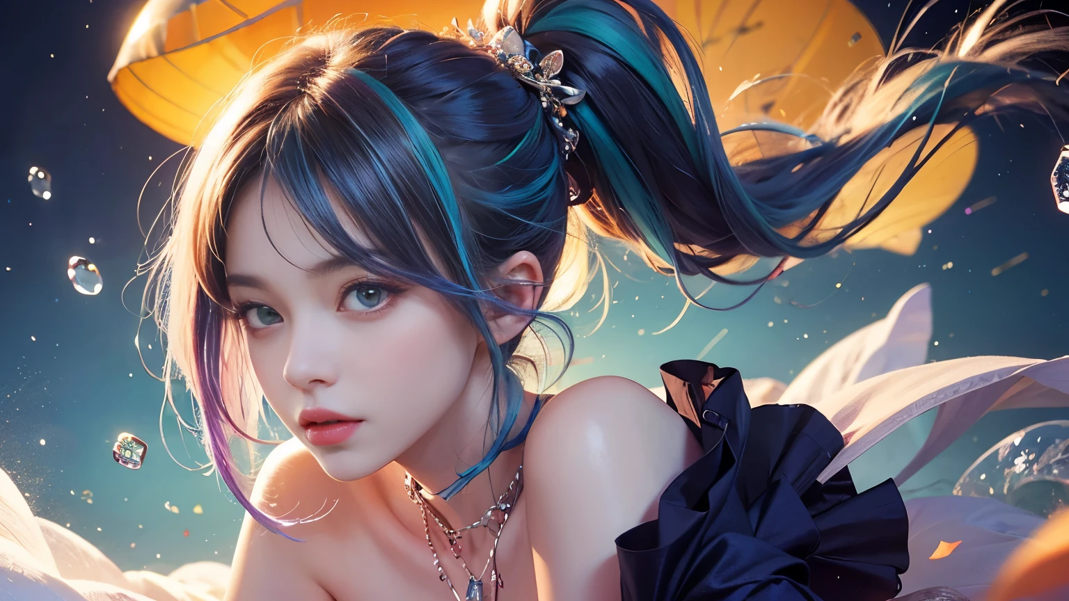 ( masterpiece), ( High quality), ( porn theme), ( disheveled hair ), (form), ( A girl), (fashionable clothes), They are standing, model, observer, (interview),  beautiful and beautiful eyes ,  delicate and beautiful face, floating, (Alta Chroma ), (Colorful Bounce), Colorful bubbles, (brilliance),  focus on the face,  ponytail,  colored hair , fringe, hair ring, flores floatings, cabelos floatings, (o brilliance),  Better lighting,  best shade ,  big boobs,  firm and wobbly 