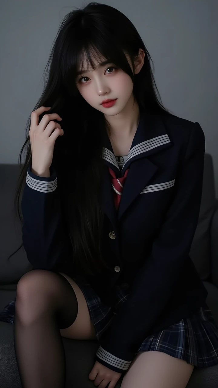 1 girl, black pantyhose, School Uniform, long hair, eyelashes, (on_back:1.3), blush, tears, bed, alsleep, Masterpieces, (Lying flat:1.3), Large font, Masterpieces, hotel, (night:1.5), (Dim:1.5), high quality, masterpiece